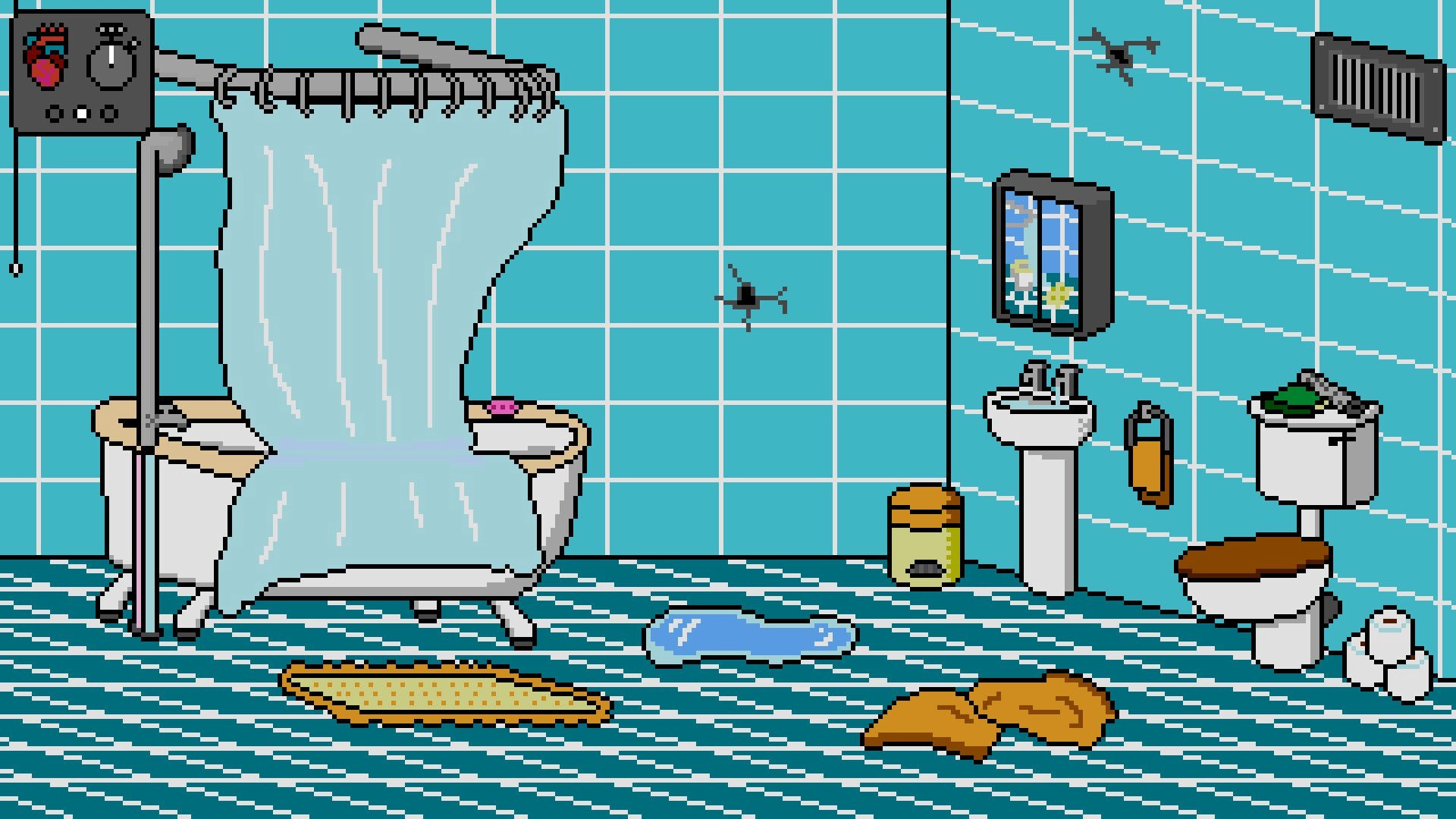 You've Changed: Observation of anomalies in a retro-styled bathroom with scattered items and broken tiles