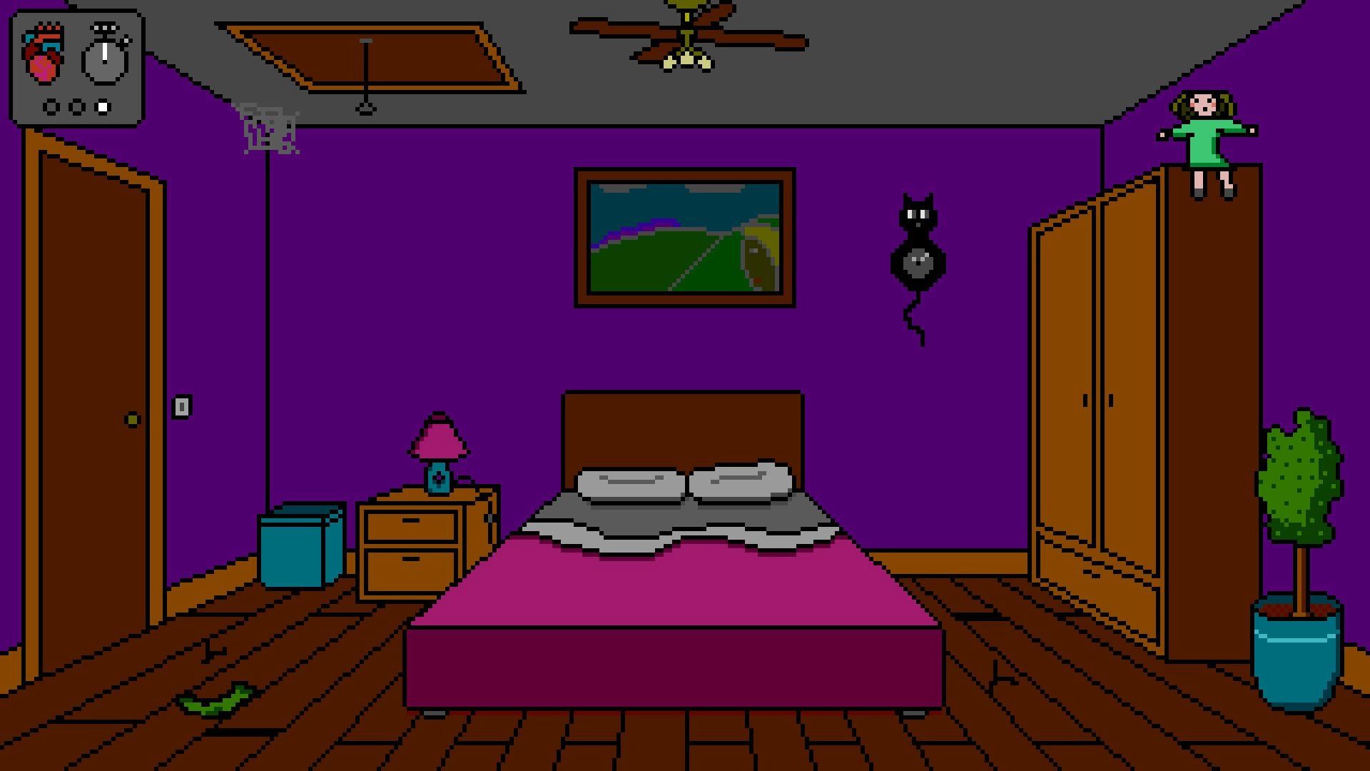 You've Changed: Bedroom scene with purple walls, ceiling fan, doll on wardrobe, and mysterious anomalies