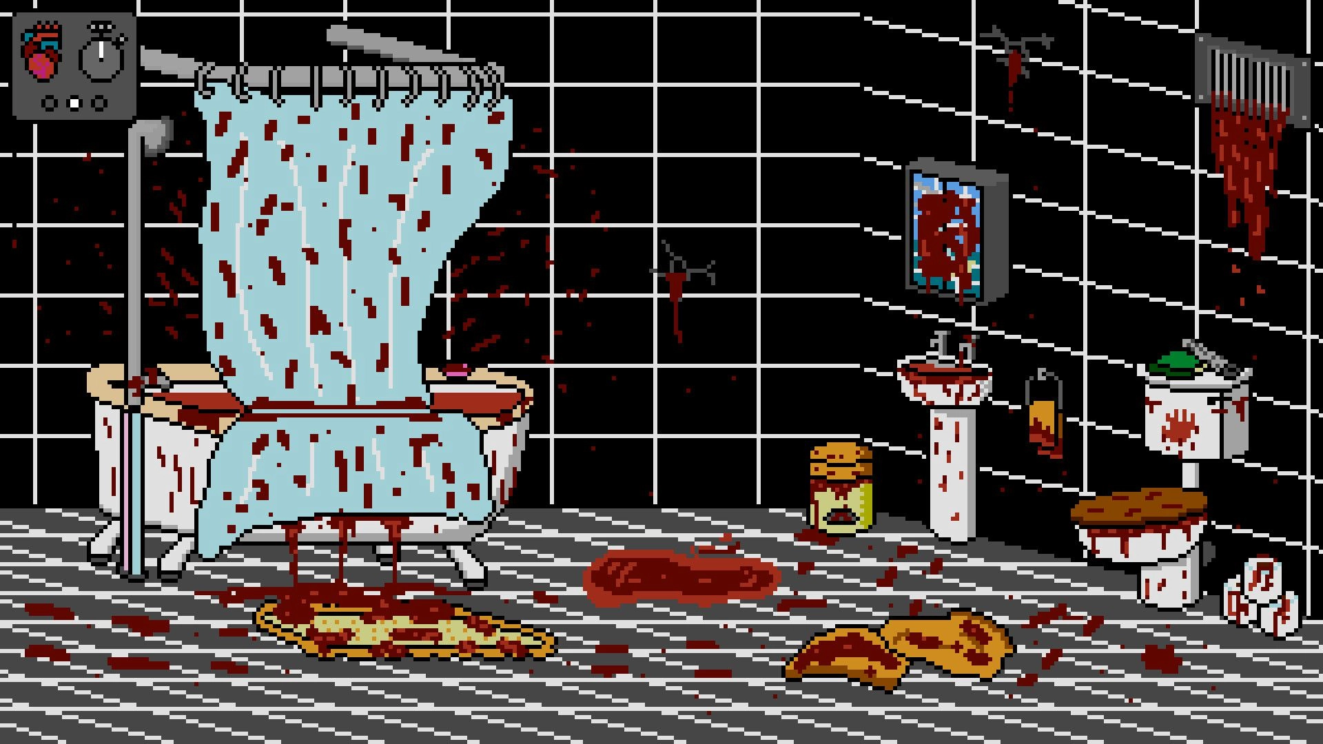 You've Changed: Blood-splattered bathroom with a shower, sink, and toilet in a pixel art horror setting