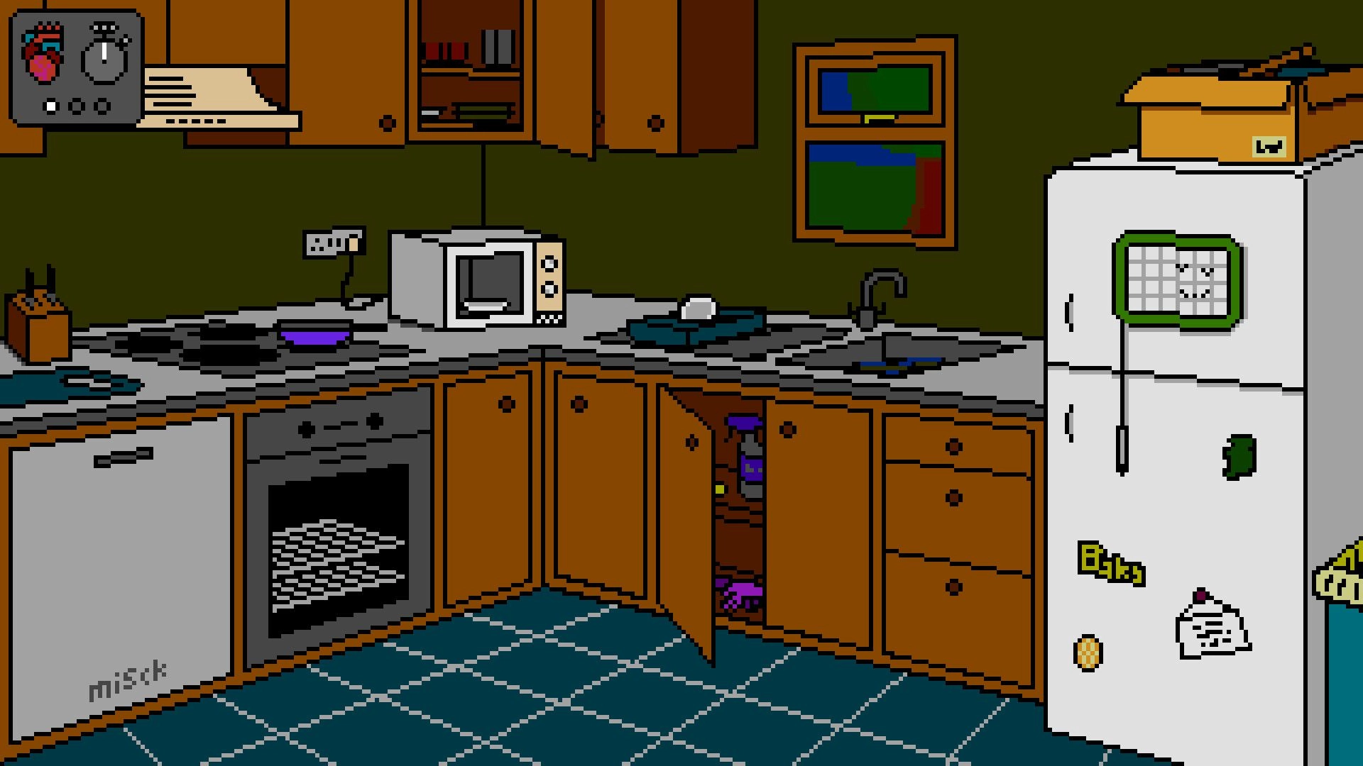 You've Changed: Retro kitchen scene with open cabinets, microwave, and fridge with notes and magnets