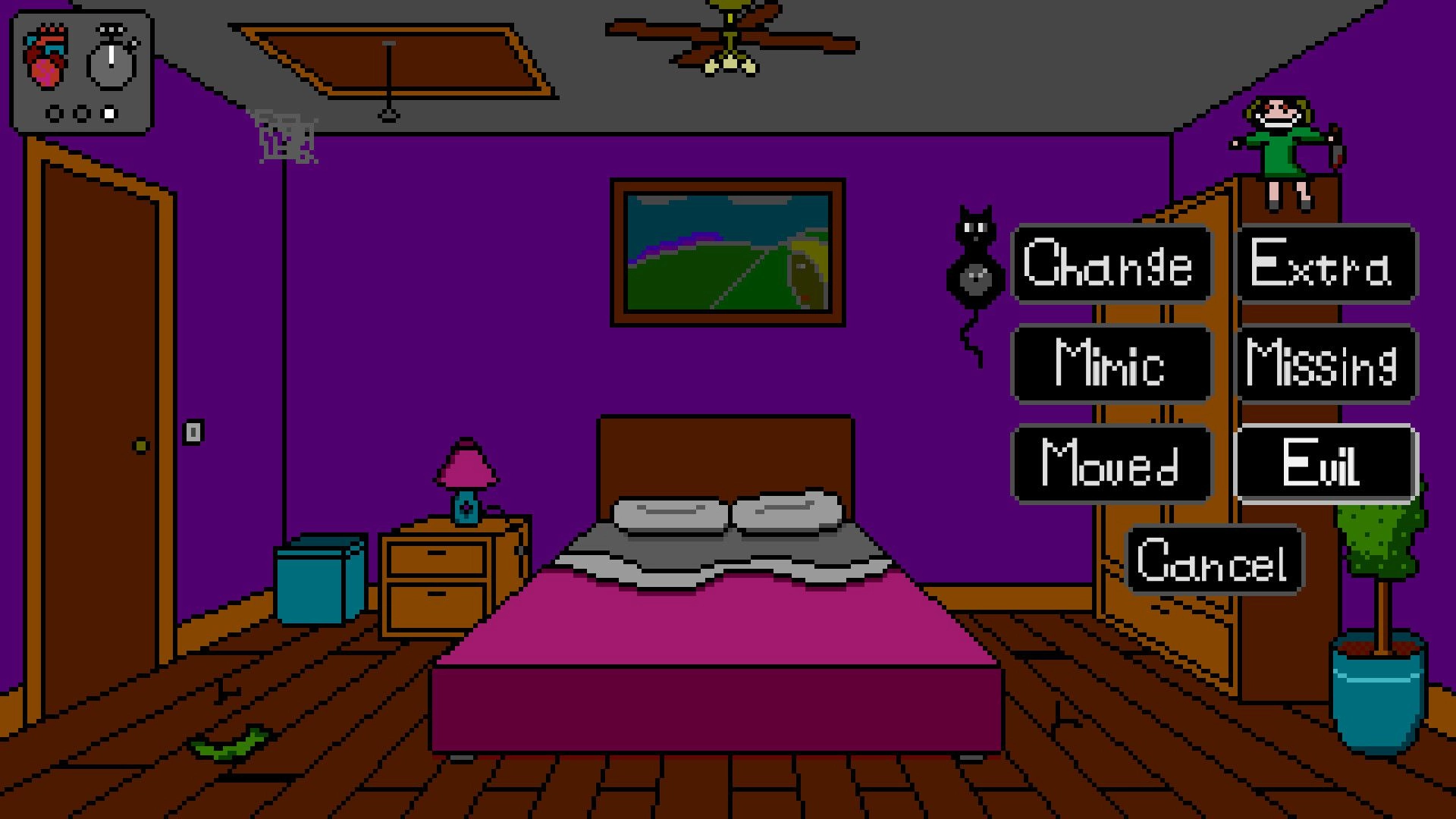 You've Changed: Bedroom scene with menu options, purple walls, and character perched on a wardrobe