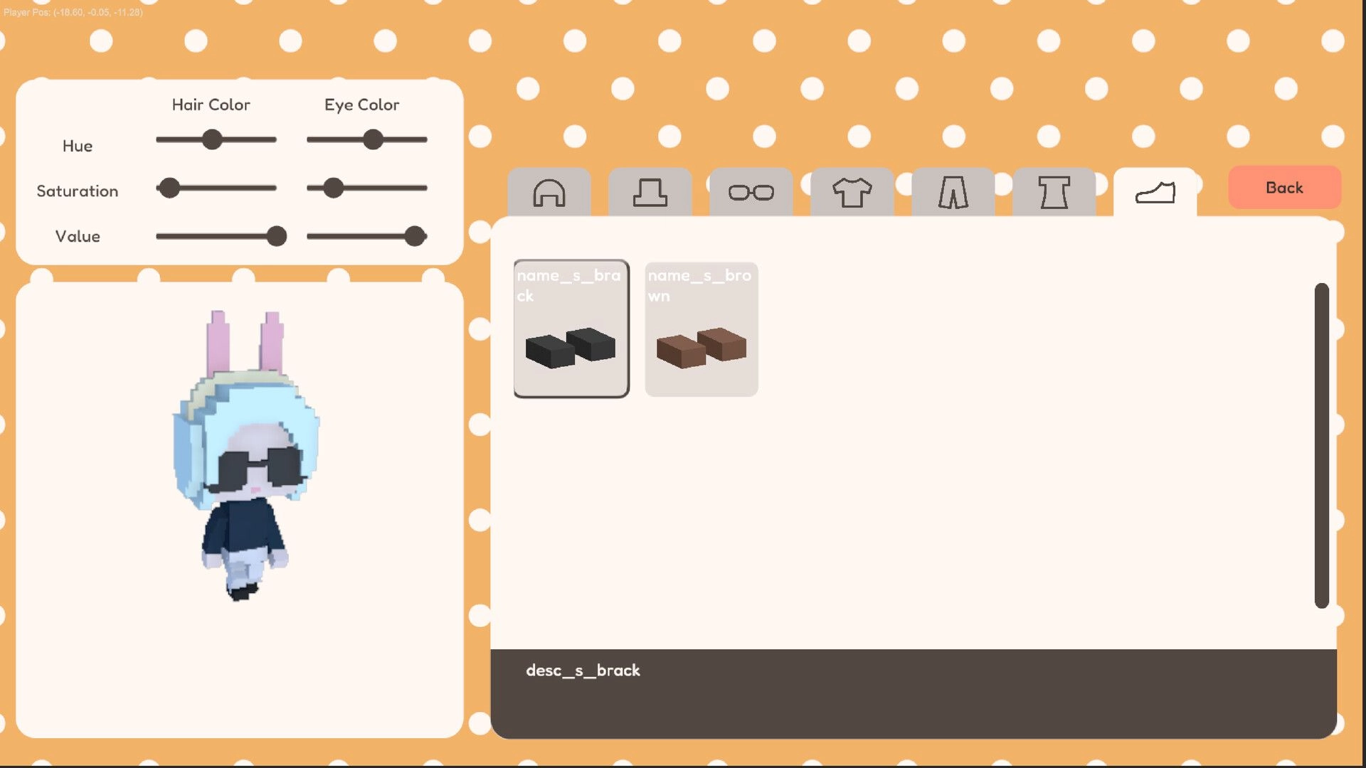 YUME ROOF: Character customization menu with sliders for hair and eye color, showing voxel avatar preview