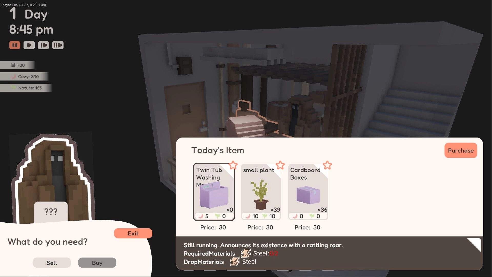 YUME ROOF: Trade interface with items for sale, including twin tub, small plant, and cardboard boxes.
