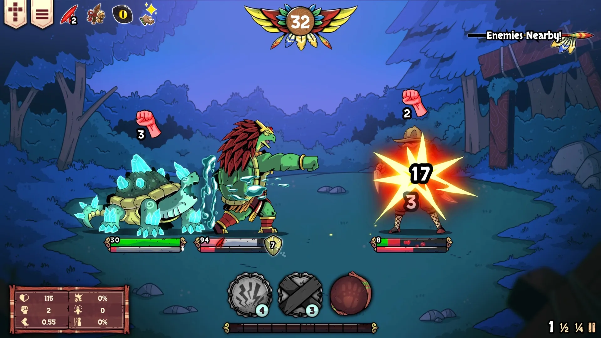 YVY: Character in forest combat, striking enemy with power fist, health bars and dice options visible