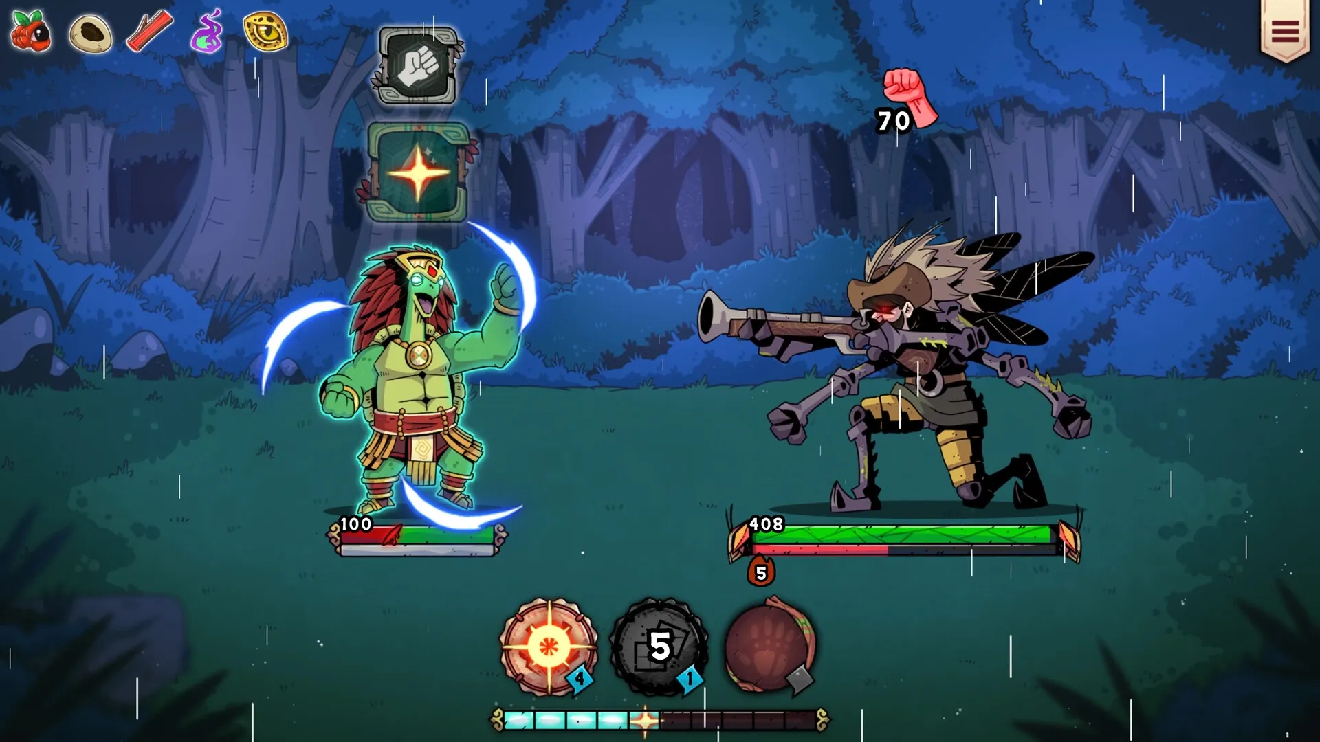 YVY: Battle scene in a forest with a warrior and a mechanical foe, dice abilities displayed below.