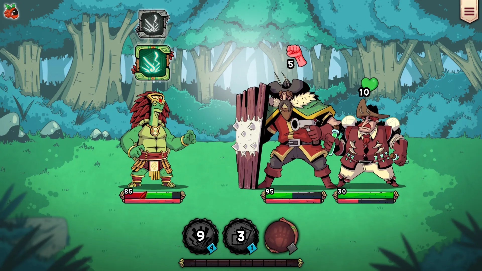 YVY: Battle scene in a forest with warrior facing two enemies; health bars and dice visible below.