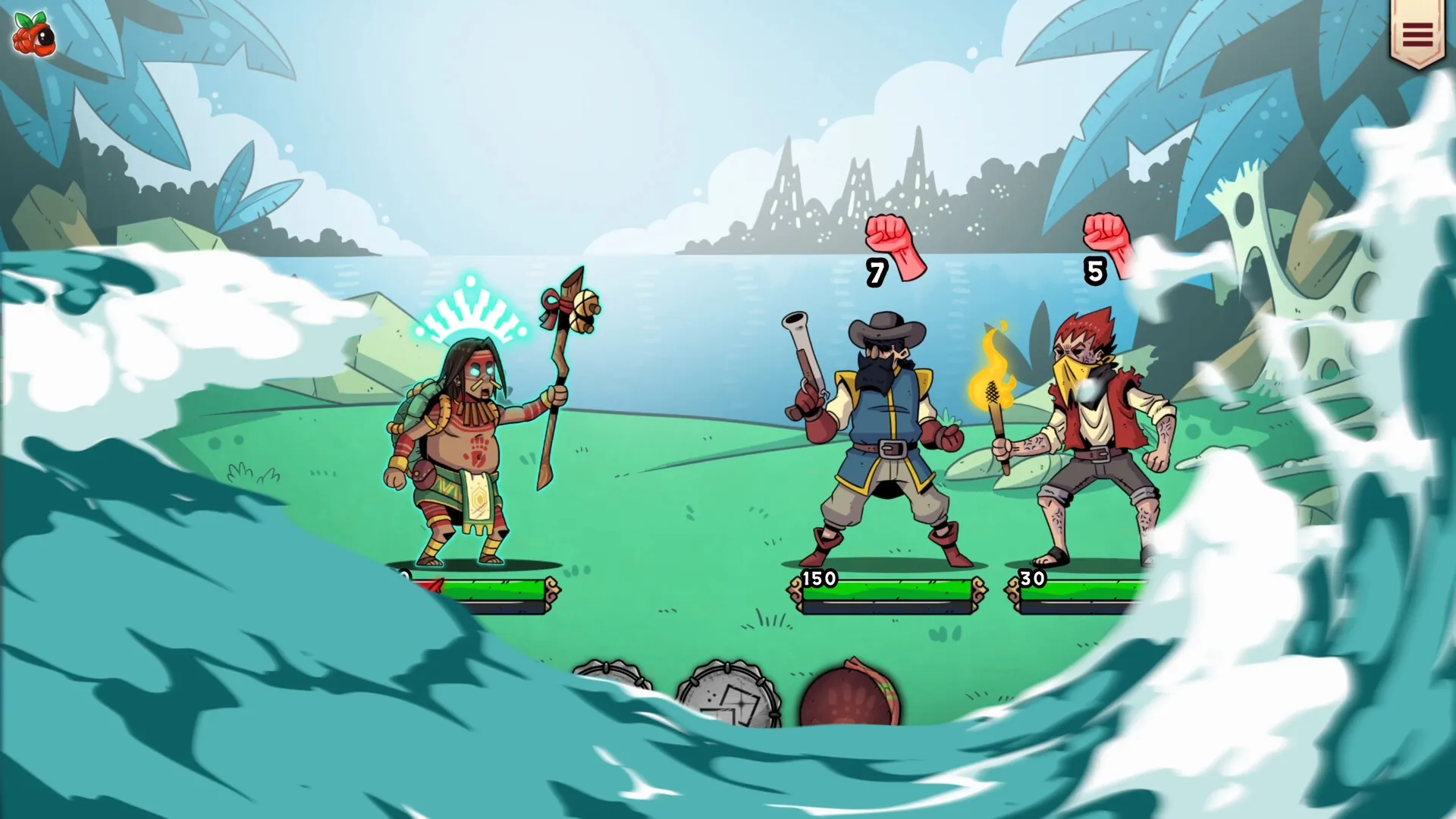 YVY: Combat scene with indigenous warrior and two enemies on grassy field by a lake in bright daylight.
