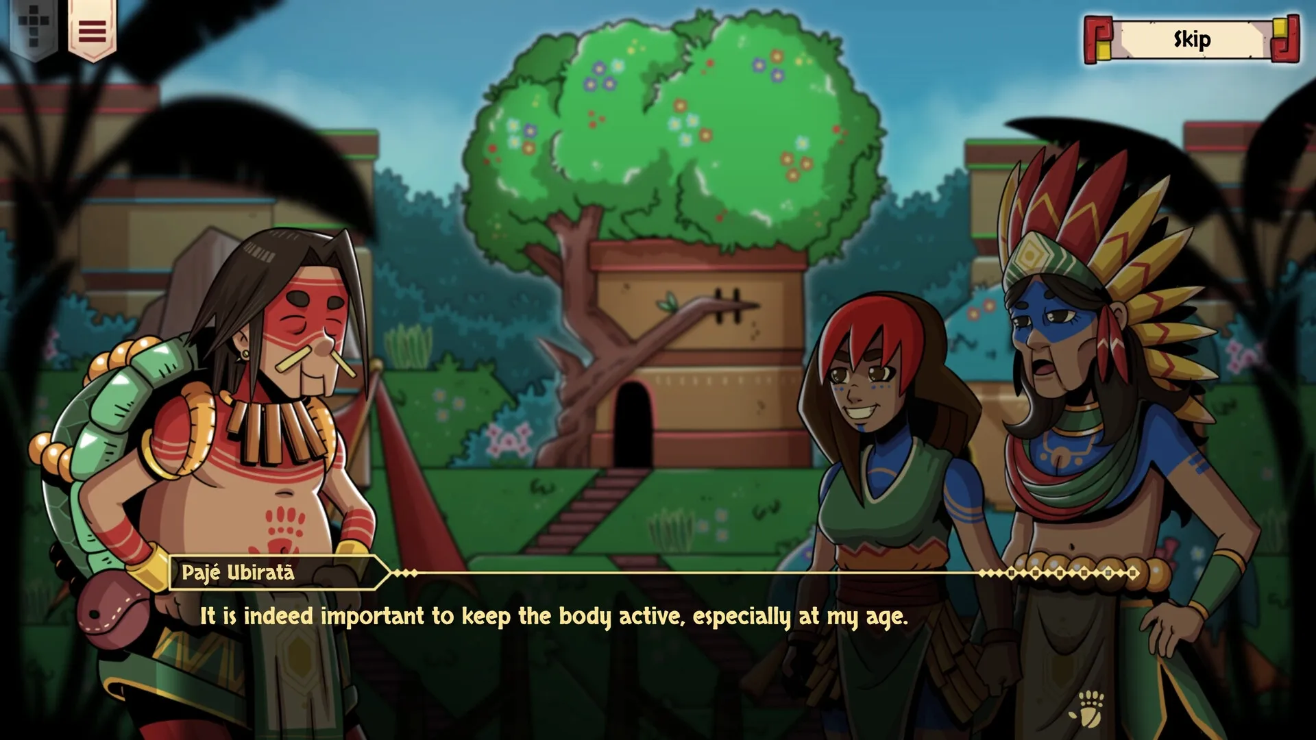 YVY: Dialogue scene with Pajé Ubiratã and two characters in front of a treehouse in a lush village.