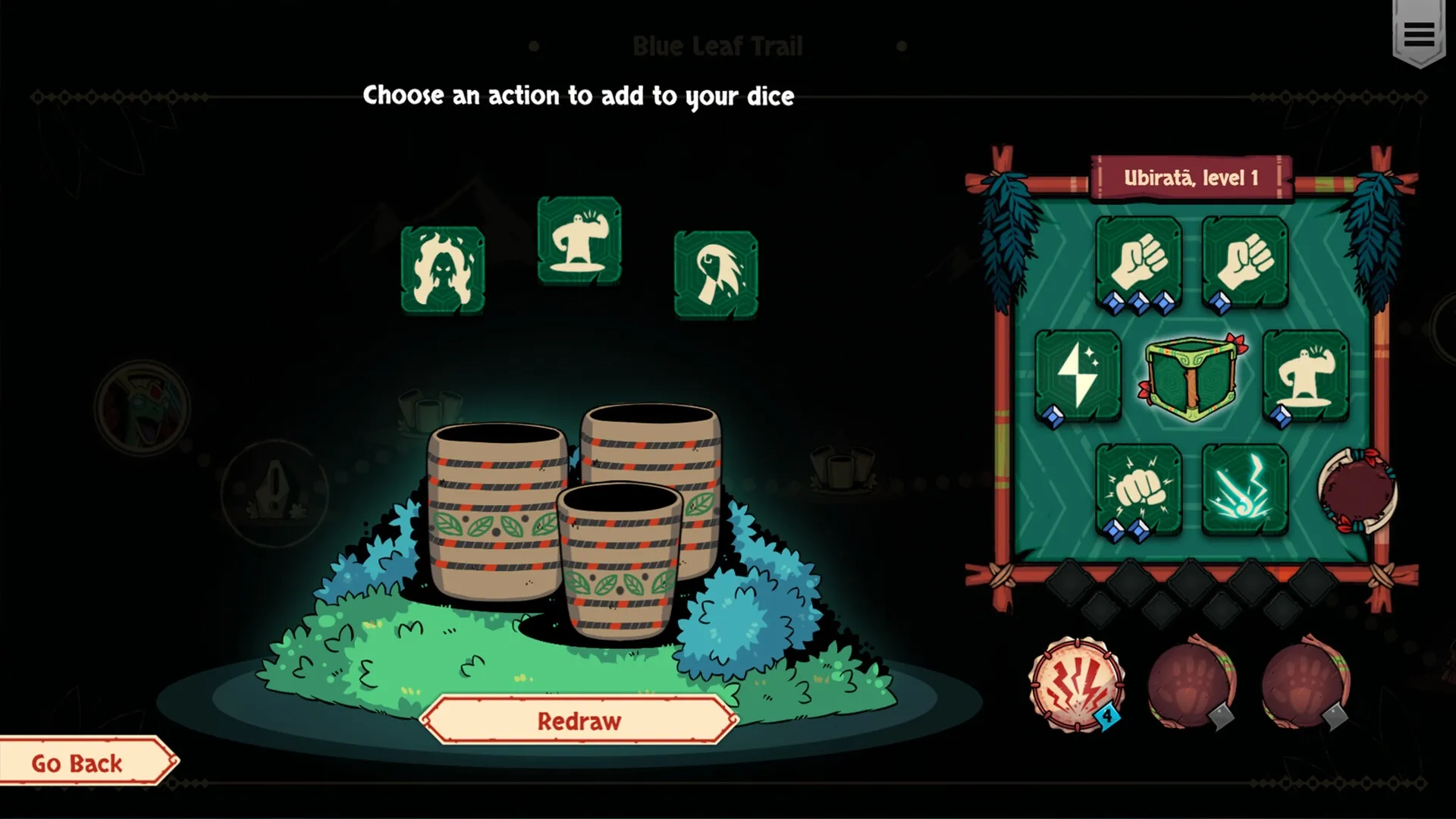 YVY: Dice crafting screen with Ubiratã's abilities displayed and three options to add to the dice
