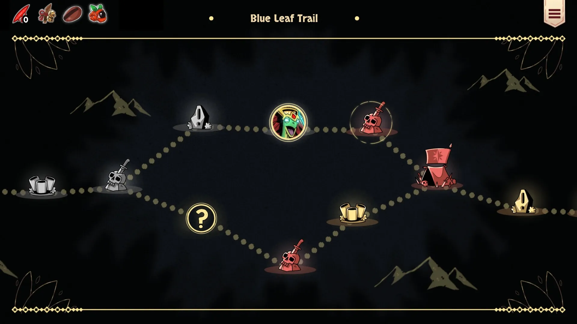 YVY: Map overview with character icon paths leading to various encounters on the Blue Leaf Trail