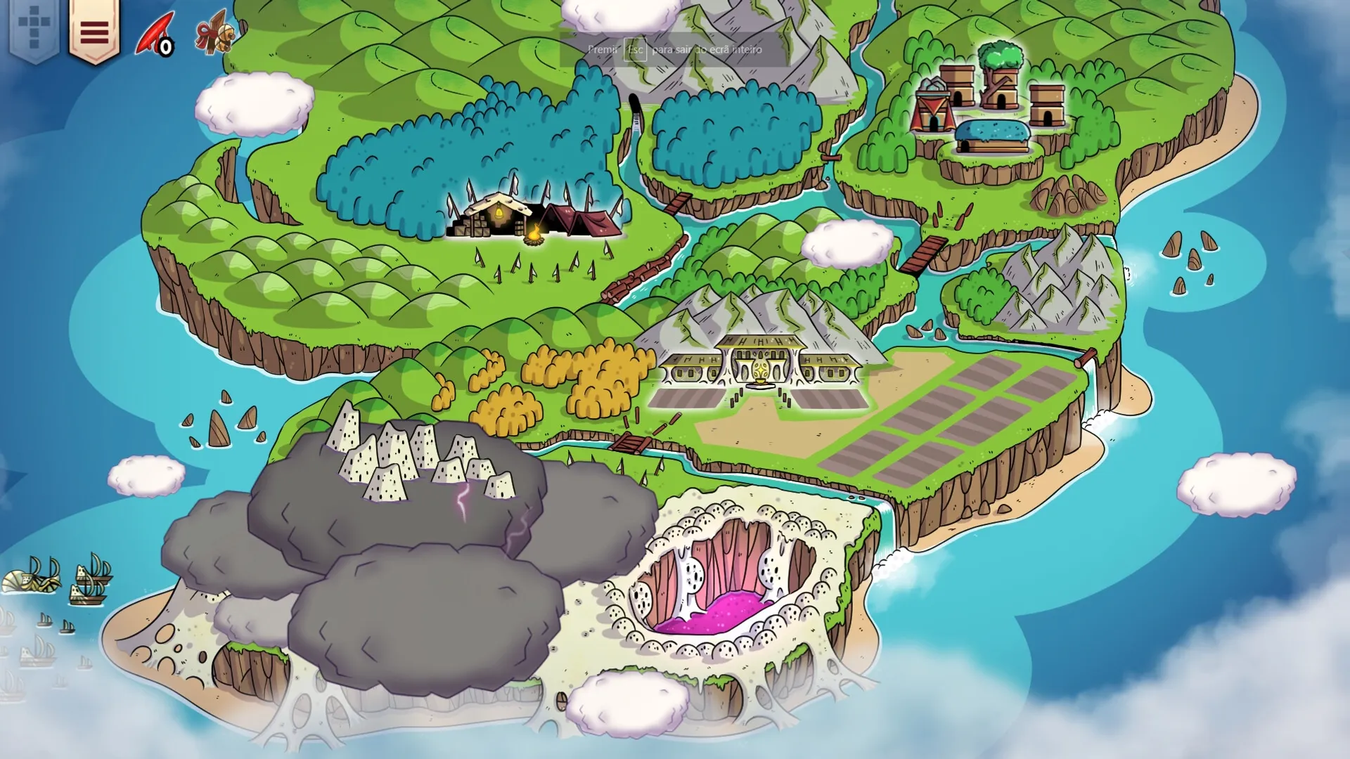 YVY: Colorful map overview with diverse landscapes, clouds, and icons for navigation and potential battles.