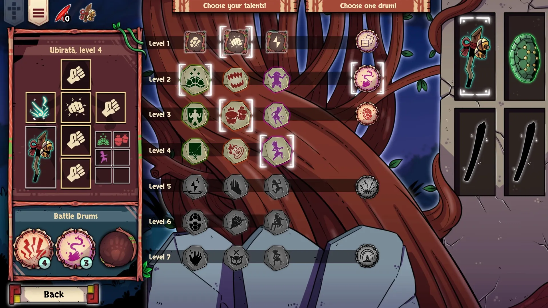 YVY: Talent selection screen for Ubiratã, level 4, with various abilities and drums displayed.