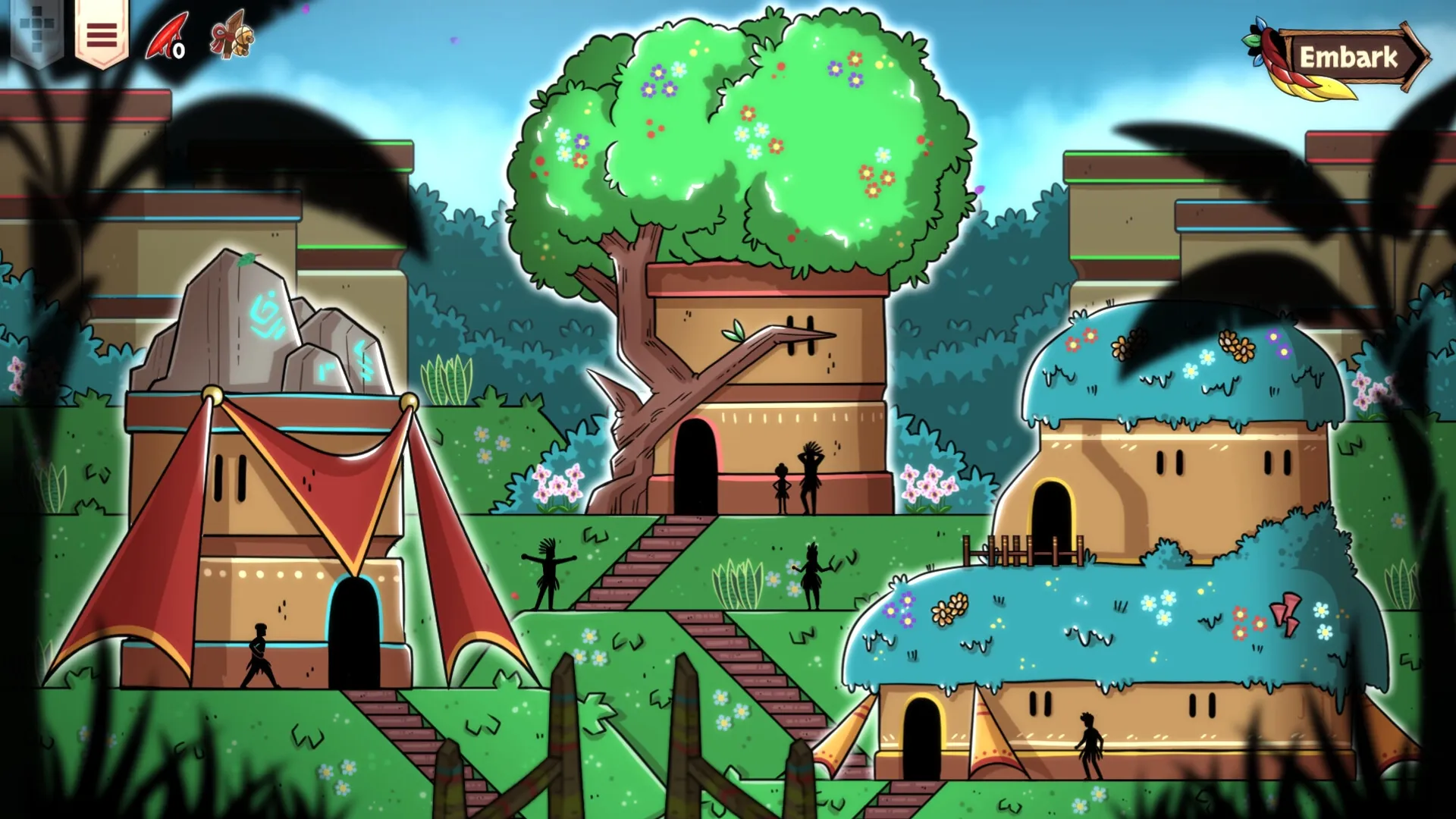 YVY: Village scene with characters near tree house, glowing runes, and embark button in lush landscape.