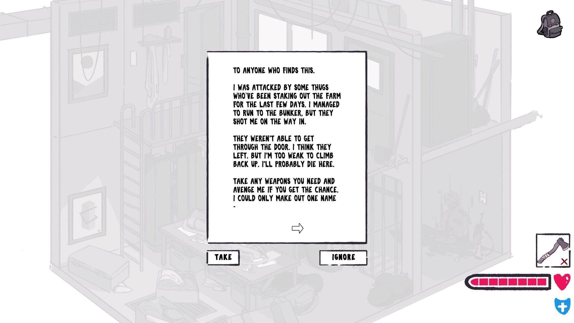 Z After: Reading a survivor note popup with Take and Ignore options inside a cluttered bunker room.