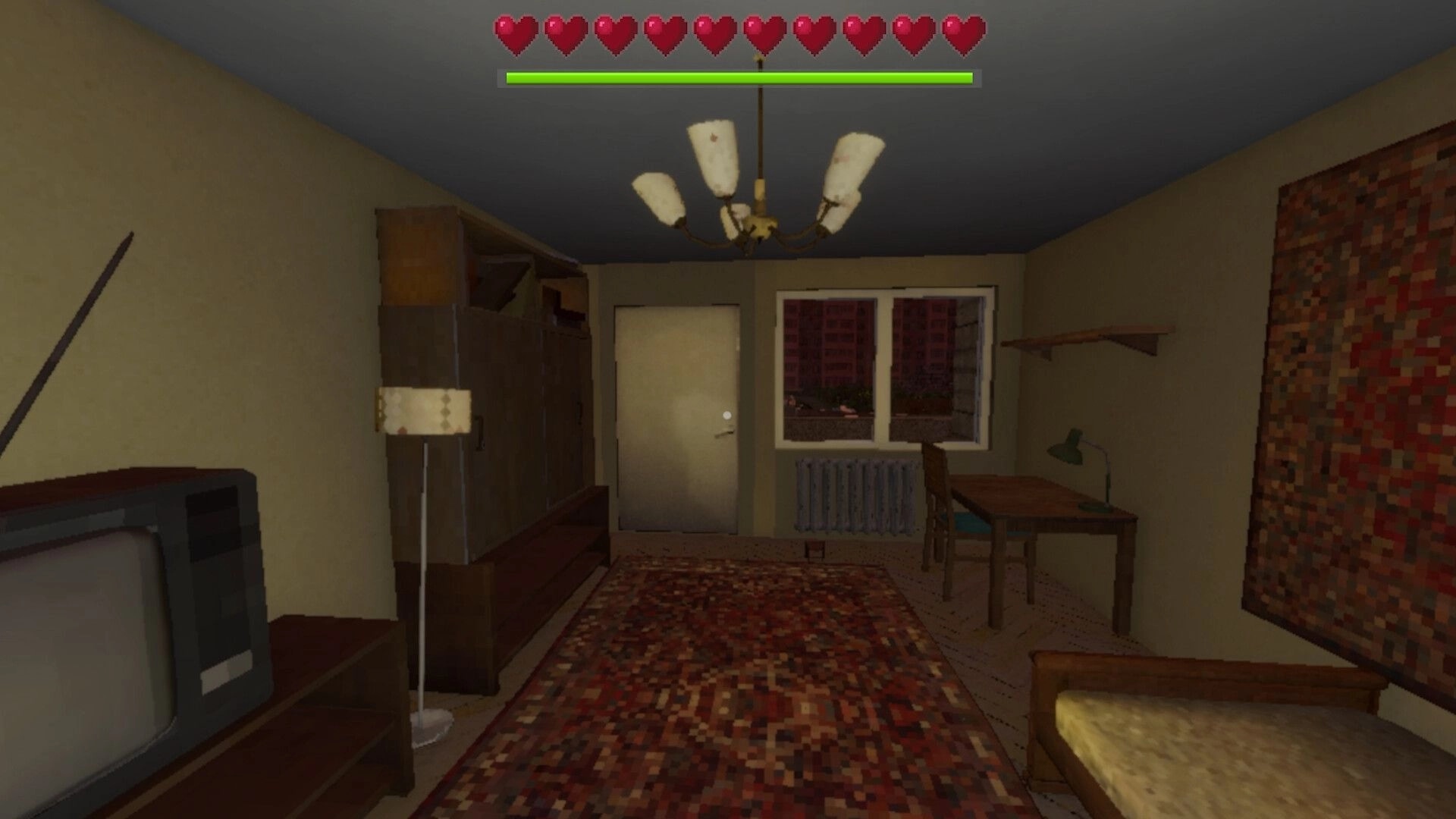 ZAIBALY: First-person view inside a small apartment room with heart HUD, bed, desk, and window view.
