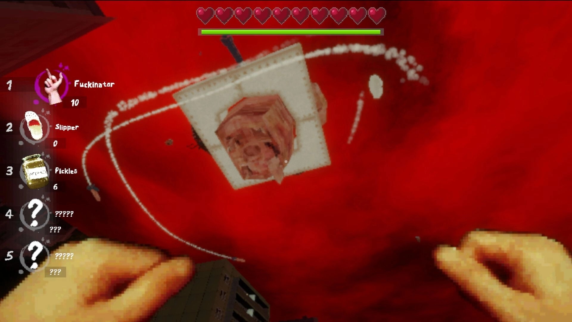 ZAIBALY: First-person view staring into a red room at a hanging meat block, hearts and item list UI.