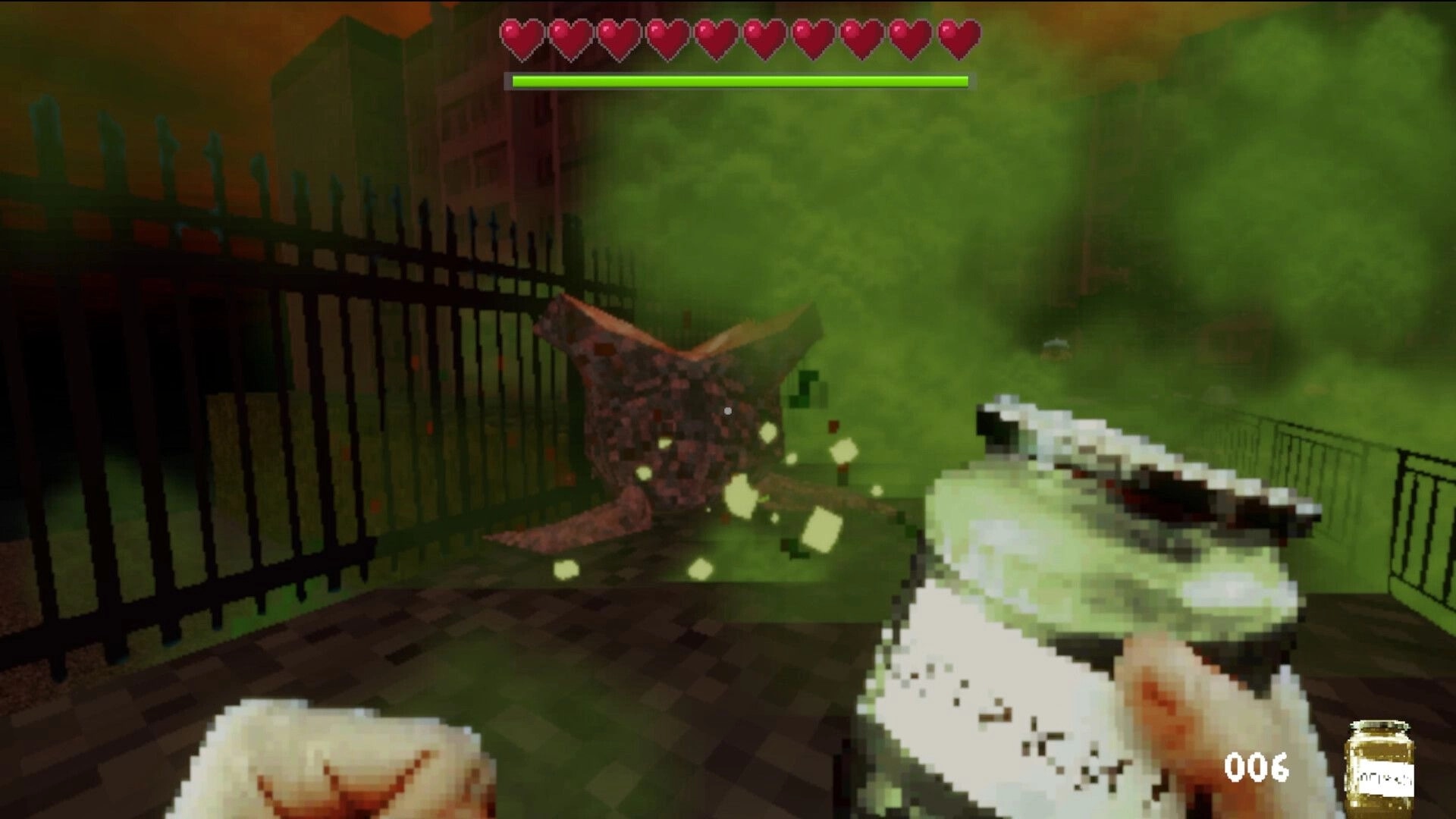 ZAIBALY: First-person shooter view firing at a fleshy creature in green foggy street, hearts HUD on top.