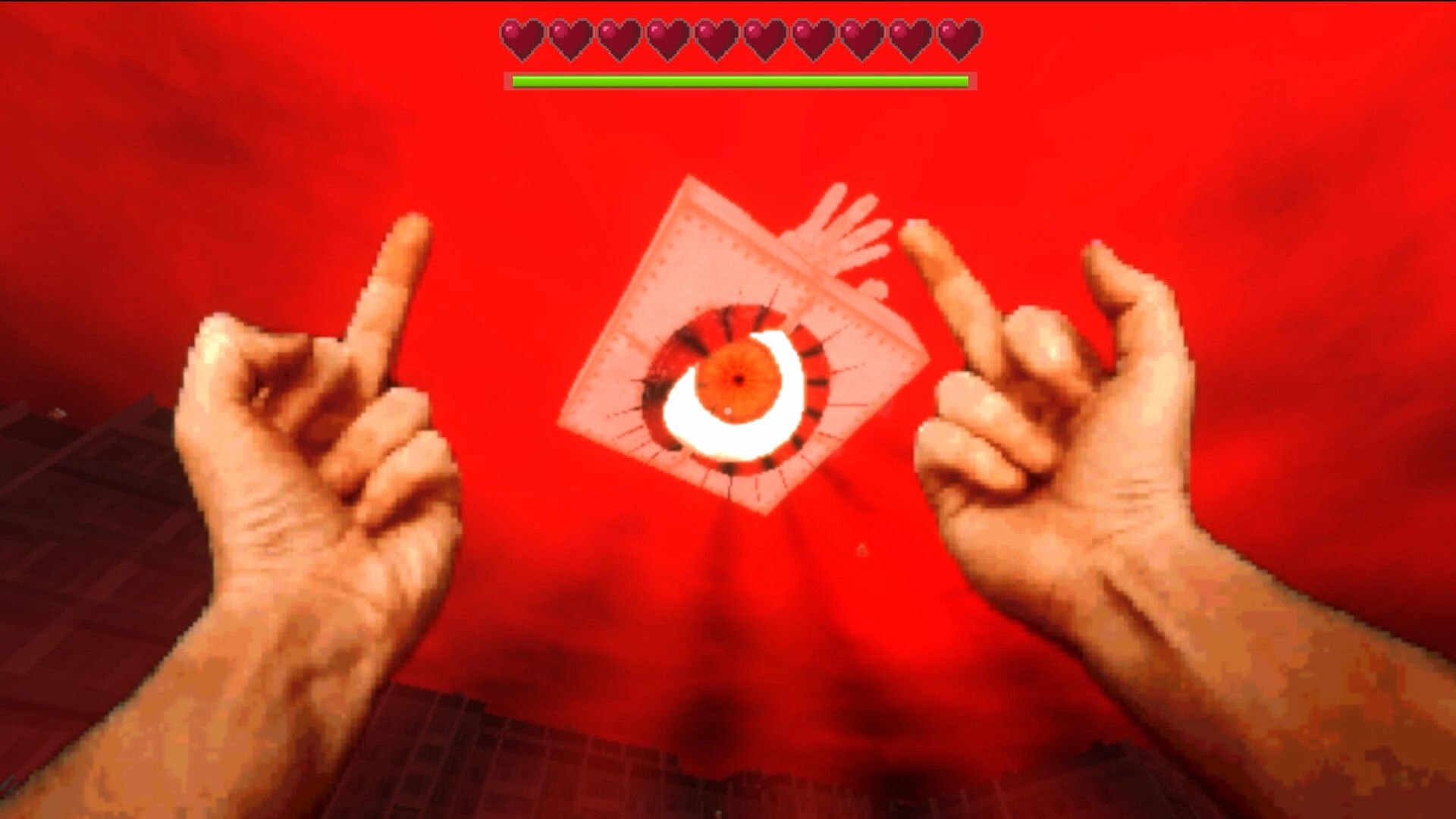 ZAIBALY: First-person hands flipping off a floating eye sigil under hearts HUD in a red void sky.