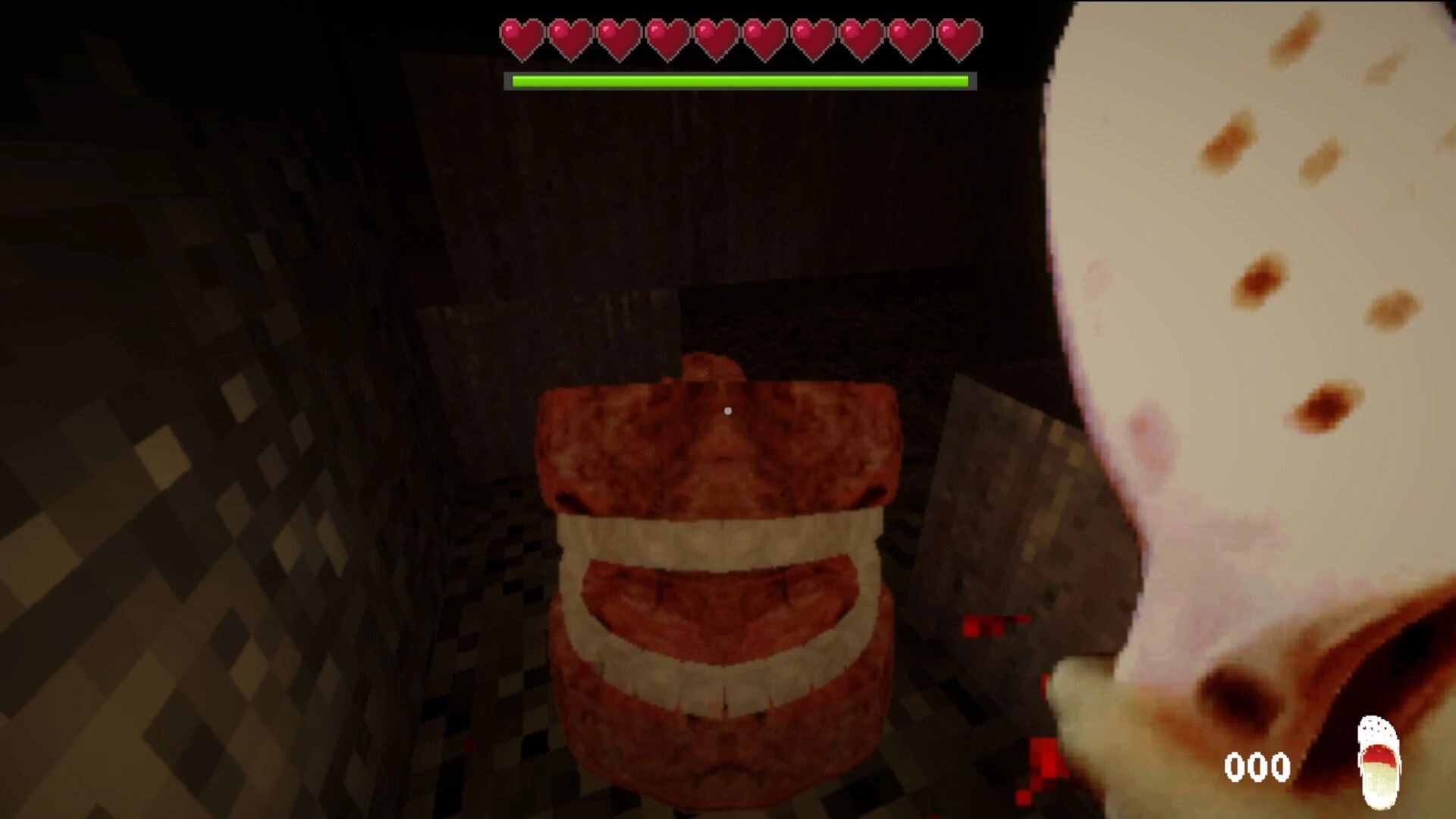 ZAIBALY: First-person view facing chattering teeth enemy in cramped tiled shaft, hearts HUD on top.