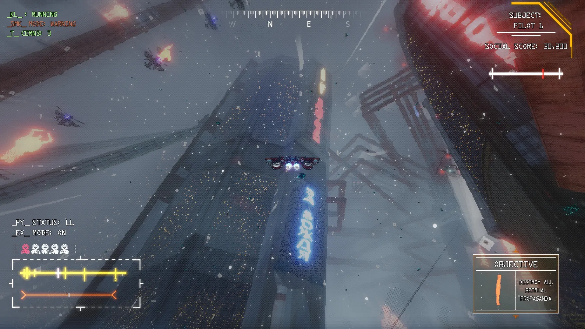 zakon: Pilot 1 flying through a futuristic cityscape with mission HUD showing objectives and social score.