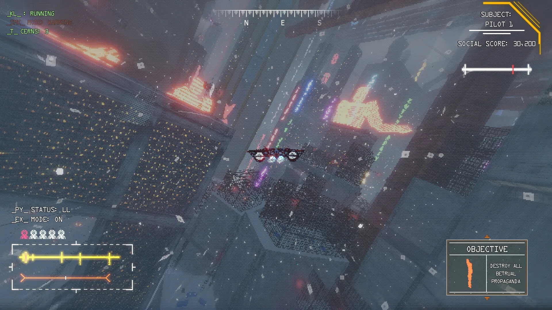 zakon: Pilot 1 flies through snowy cityscape with neon lights and displays social score and objectives.