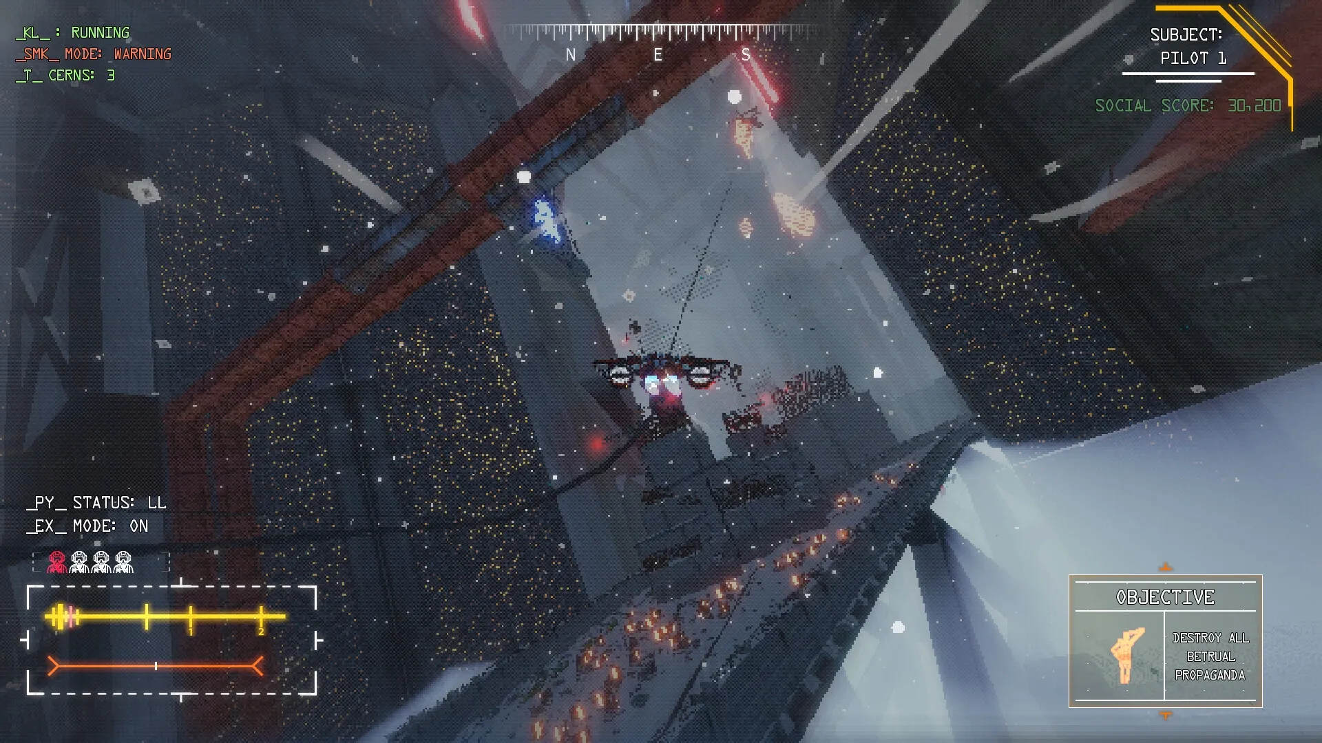 zakon: Pilot 1 flies through a snowy futuristic cityscape with objective to destroy Betrual propaganda.