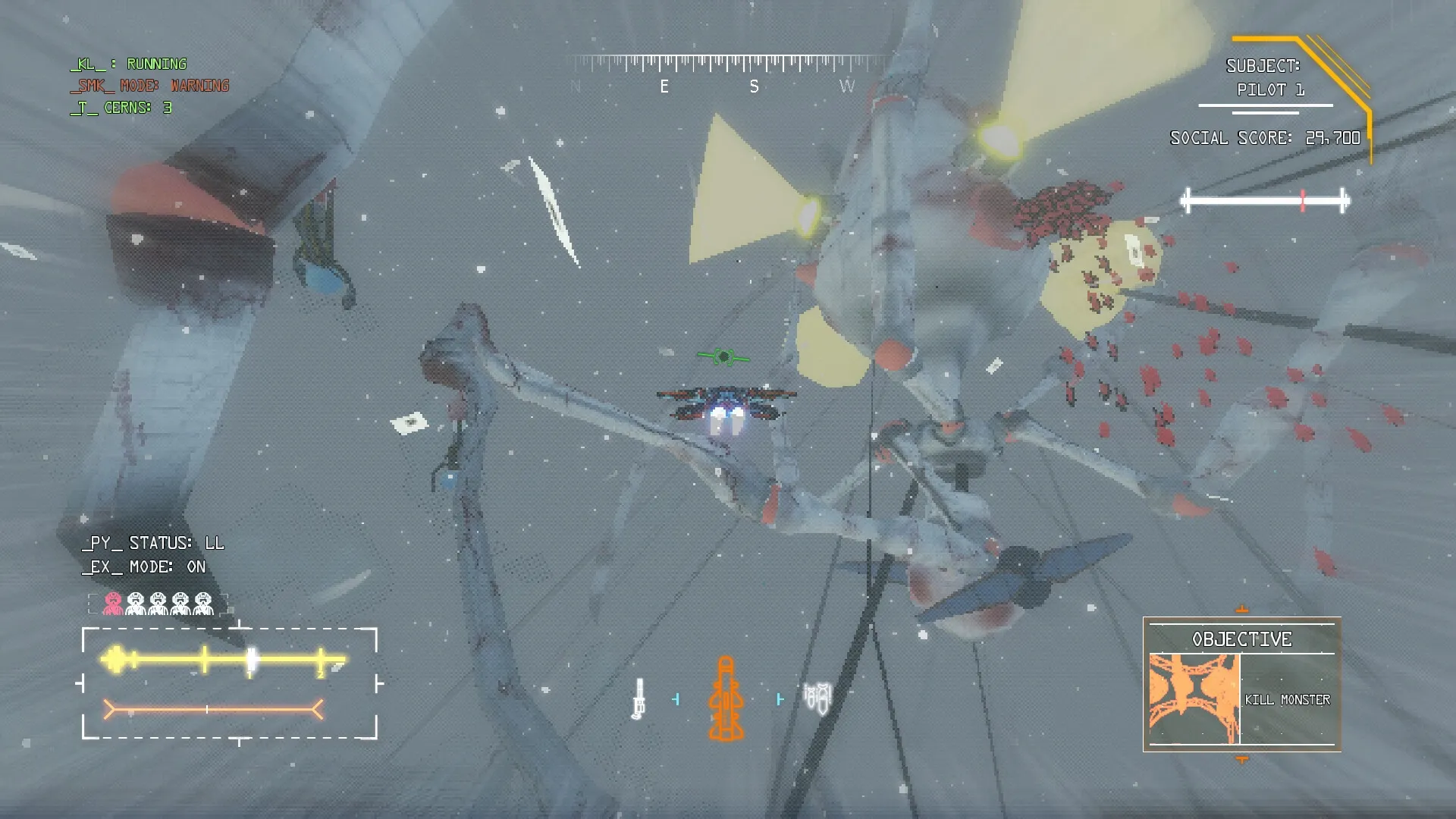 zakon: Player aircraft engages giant monster in snowy skies with UI displaying status and objectives