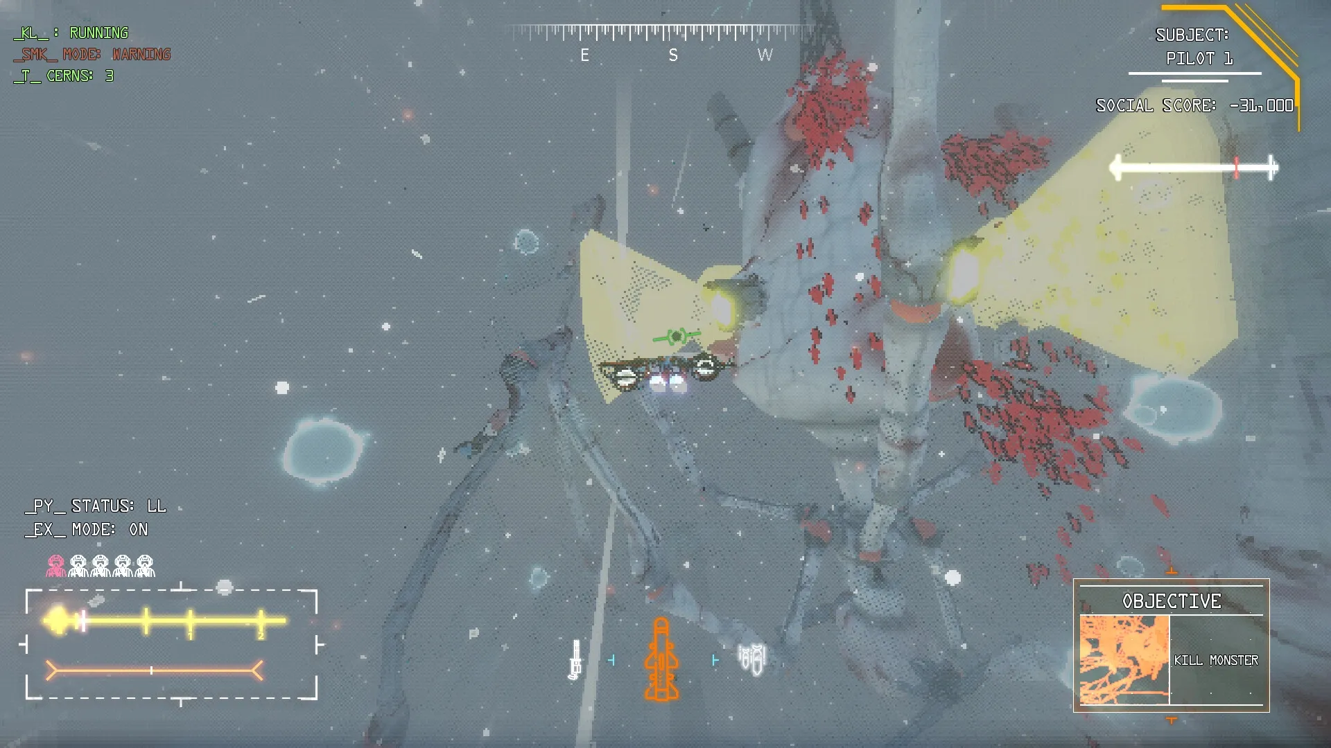 zakon: Pilot 1 in aerial combat with a giant monster in snowy landscape; social score at -31,000