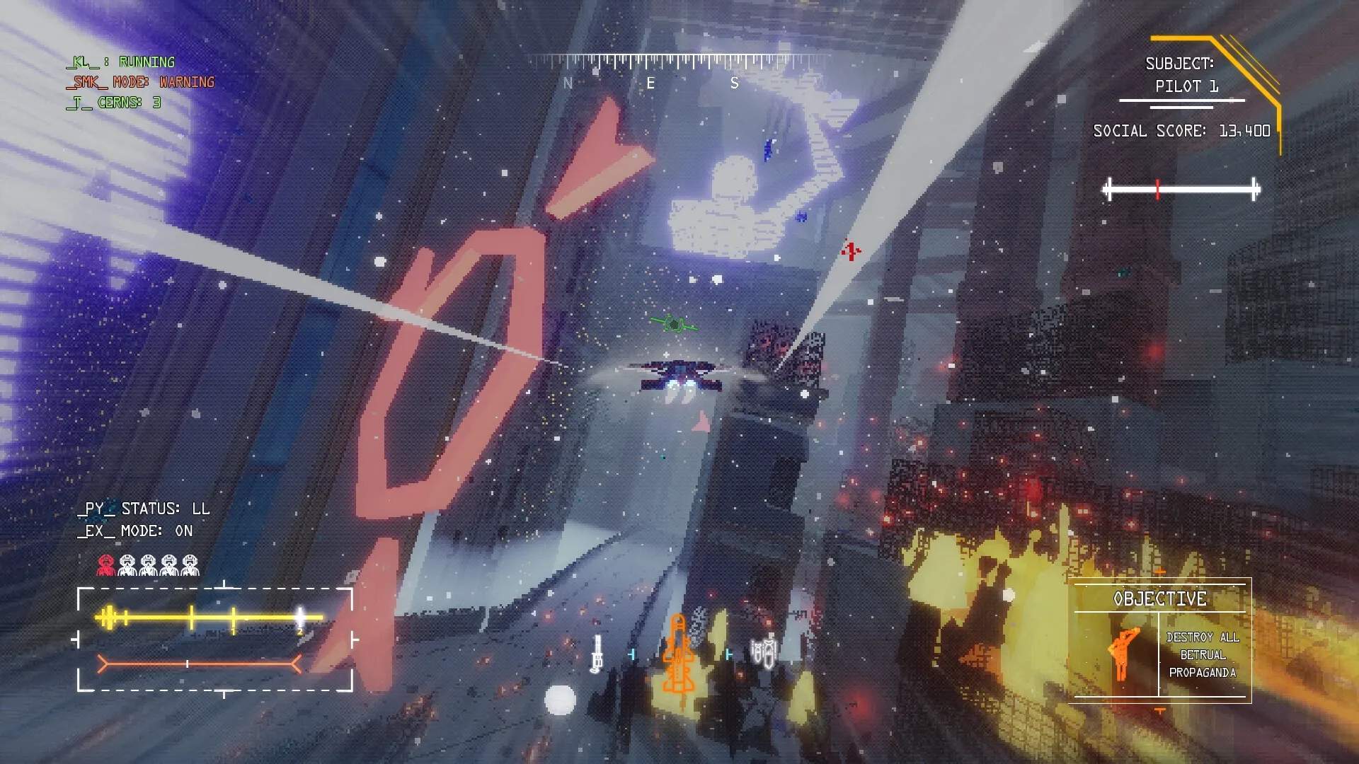 zakon: Pilot flying through futuristic city with neon signs, social score displayed on HUD, objective visible