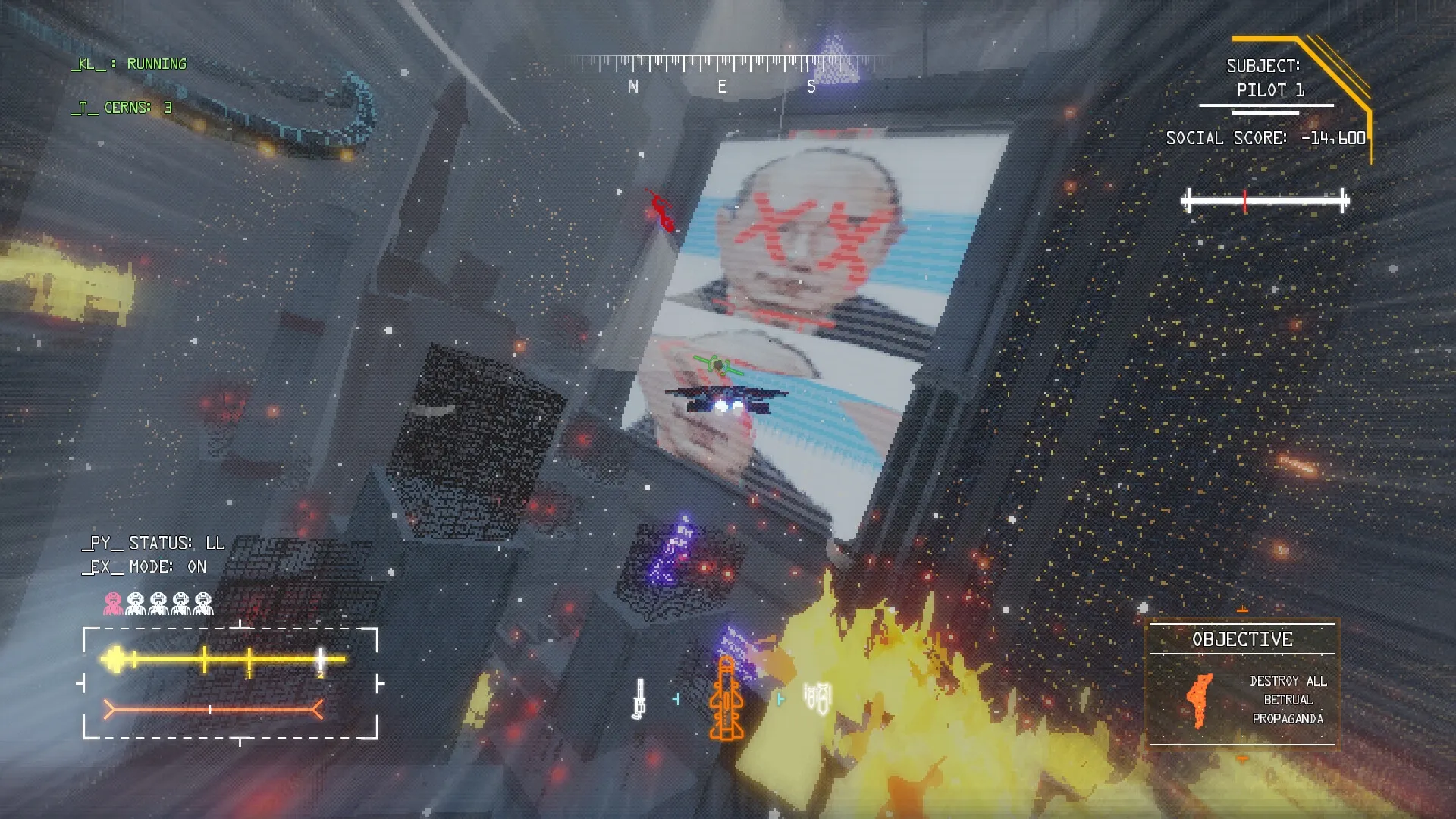 zakon: Futuristic aircraft flying past burning buildings with propaganda objective in Krasnogorie cityscape