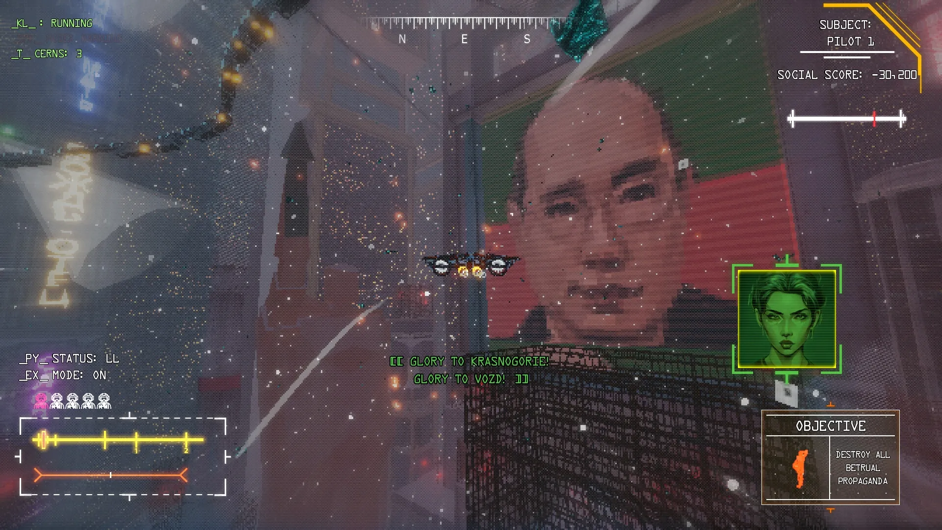zakon: Pilot 1 flying in snowy cityscape with propaganda poster, social score -30,200, objective displayed