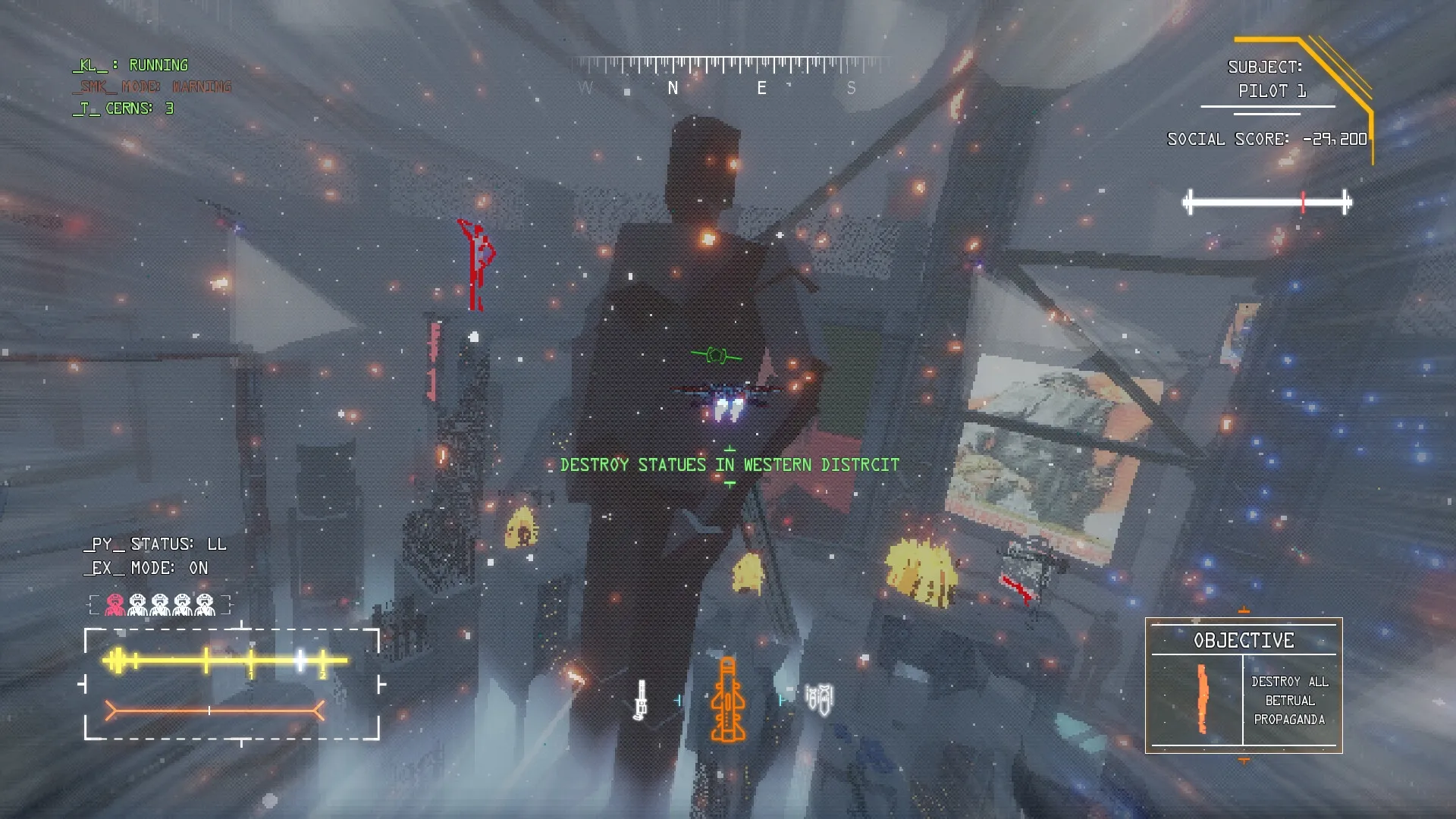 zakon: Pilot navigates snowy cityscape, targeting statues; objective and social score displayed onscreen.