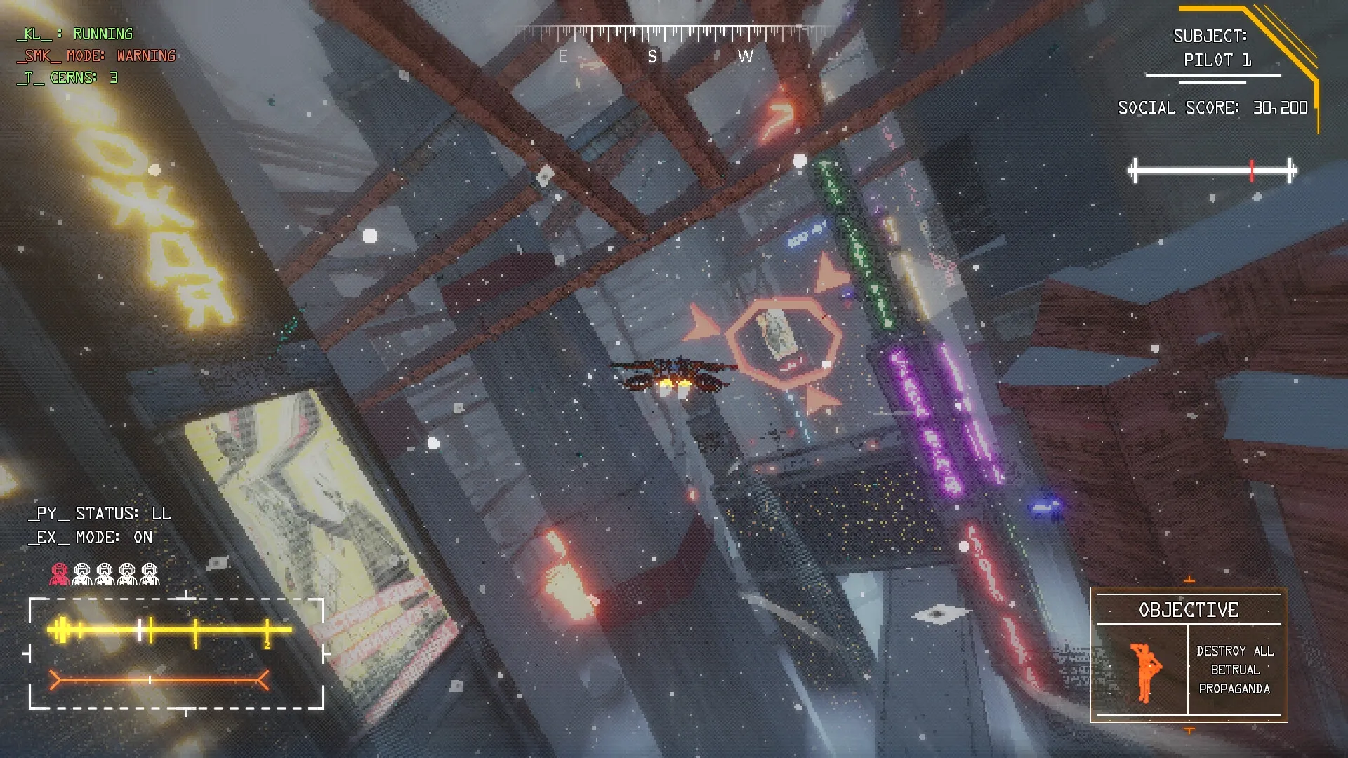 zakon: Flight through neon-lit cityscape with mission objective to destroy all Betrual propaganda