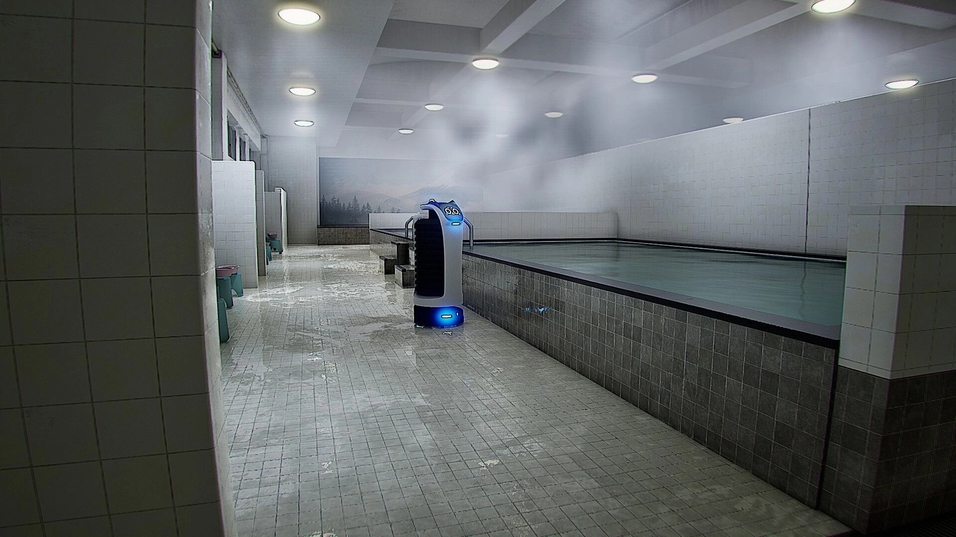 Zangyou: Blue-lit service robot patrols beside a steaming indoor pool in a tiled bathhouse corridor.