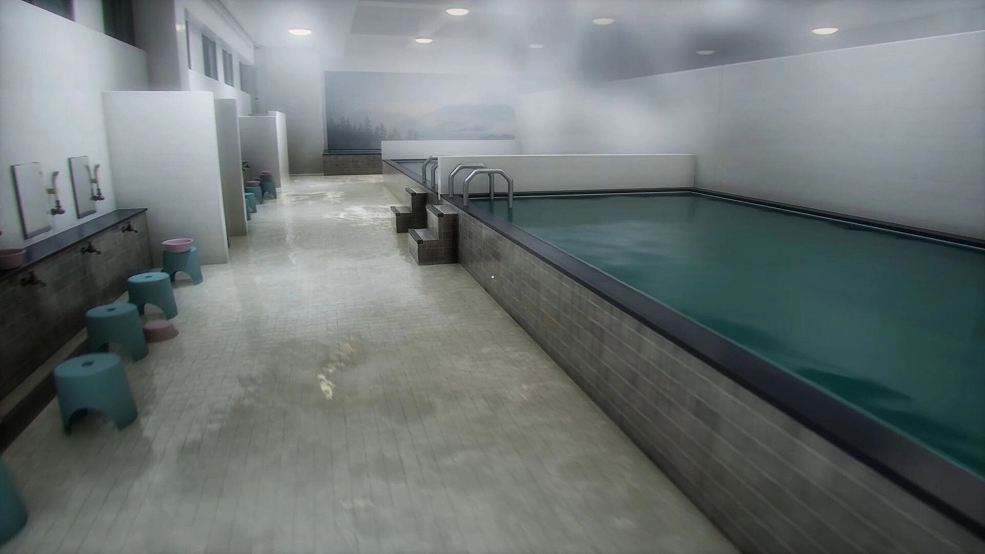Zangyou: First-person view of an empty tiled bathhouse pool with stools, sinks, and steam haze.