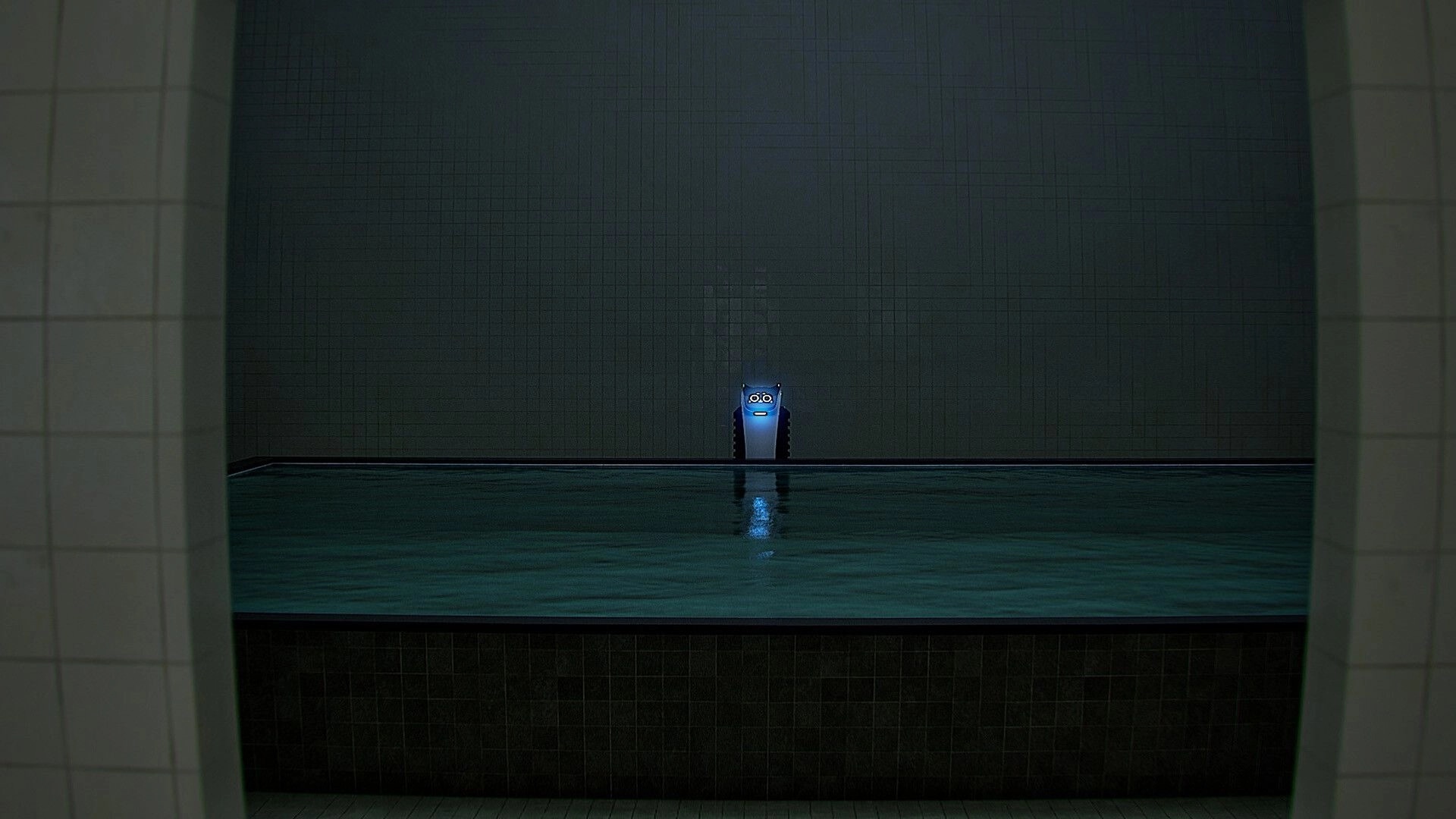 Zangyou: Blue-faced device glows beside rippling water in a dim tiled room, centered view.