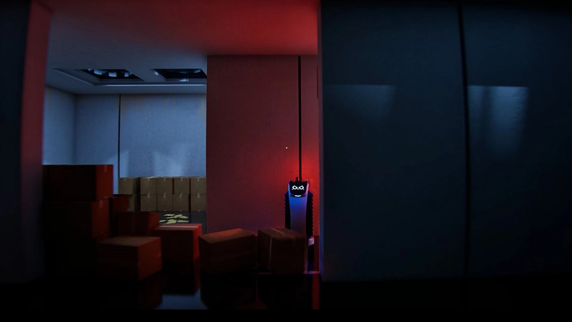 Zangyou: First-person view aiming at a red-lit security camera amid stacked boxes in a storage room.