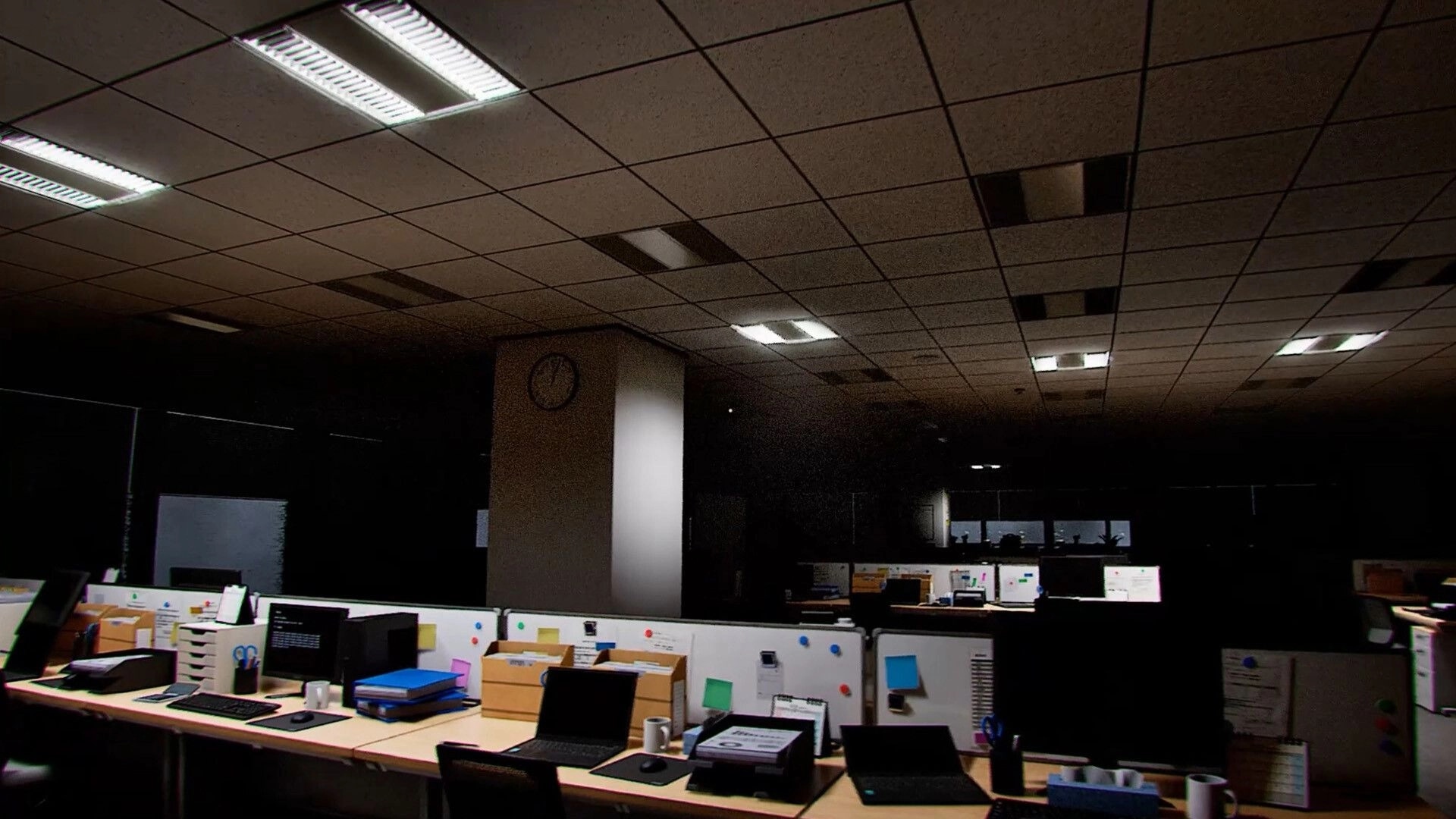Zangyou: Dim open-plan office with cubicles, monitors and laptops under flickering ceiling lights.