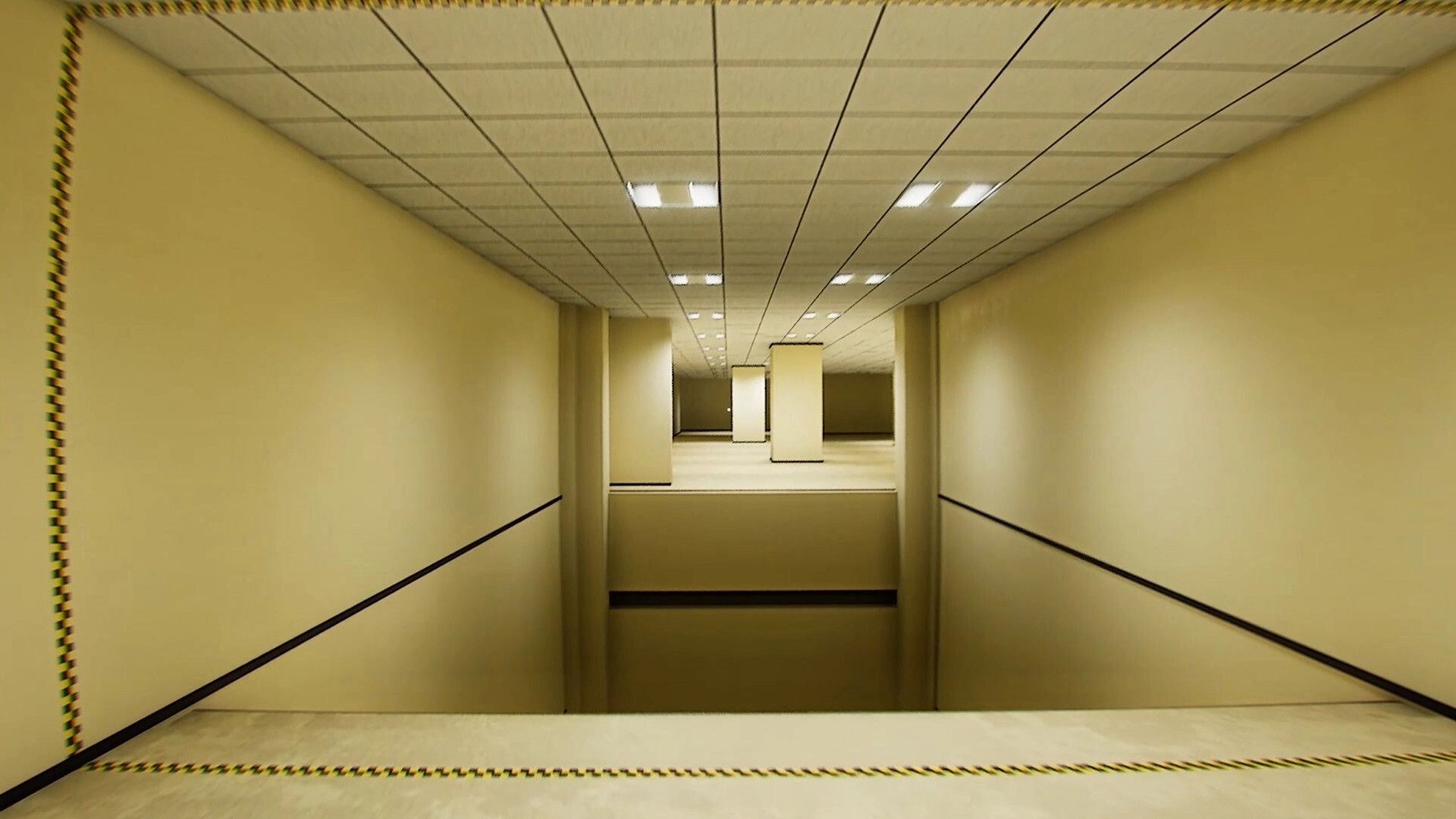 Zangyou: First-person view down a beige office corridor with pillars and fluorescent ceiling lights ahead.