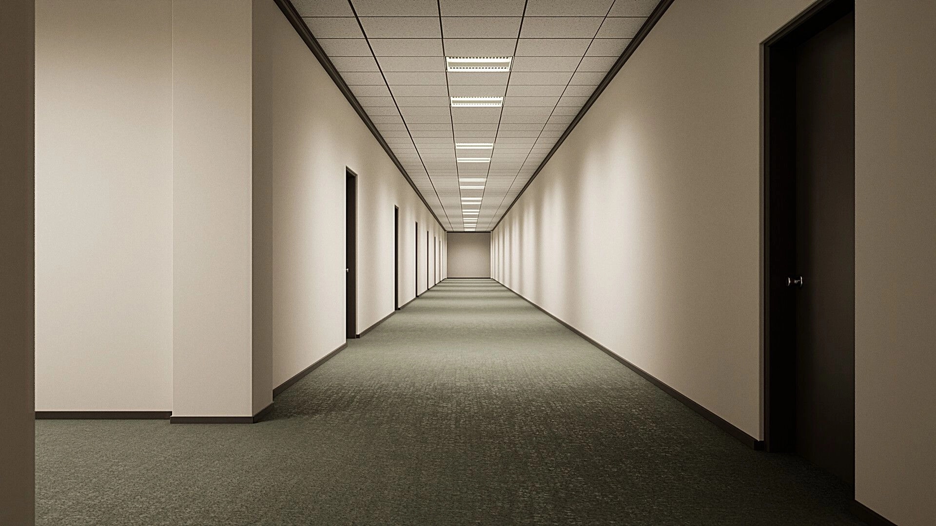 Zangyou: First-person view down a long office hallway with closed doors and fluorescent ceiling lights.