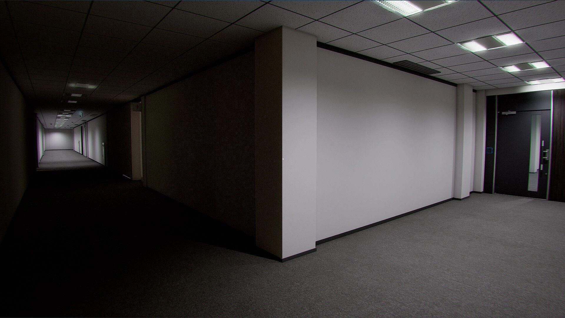 Zangyou: First-person view down a dim office corridor with doors and a keycard panel under fluorescents.