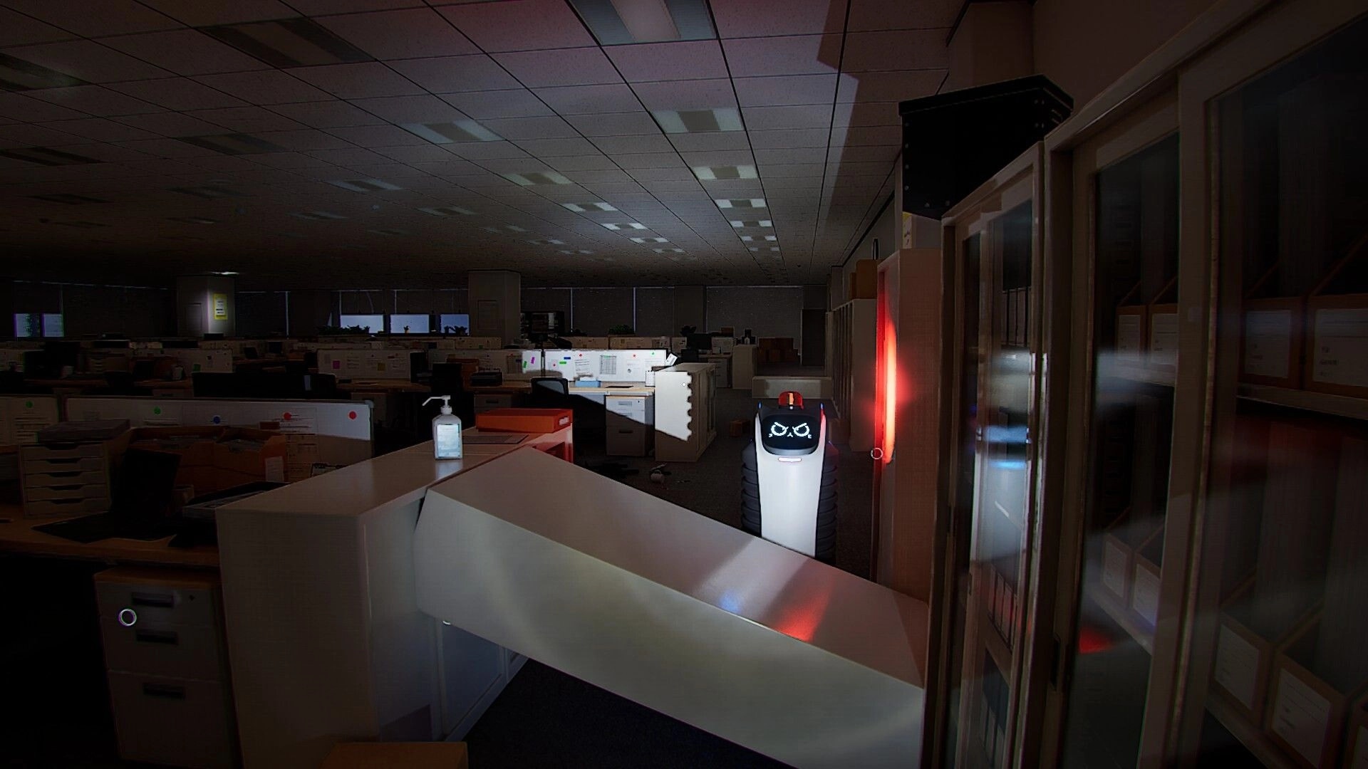 Zangyou: First-person view of a dim office maze with cubicles, files, and a red-eyed robot guard.