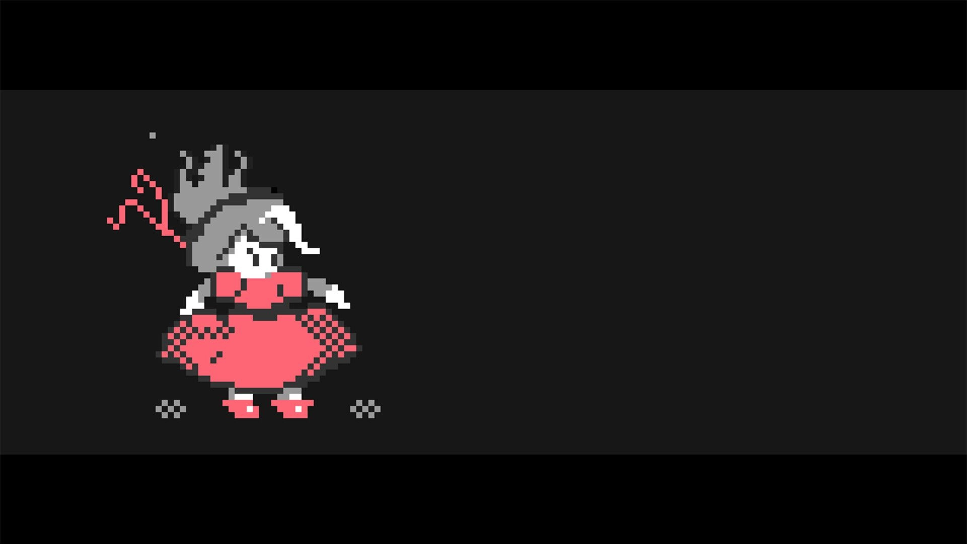 Zaria: Pixelated character in a red dress stands on a dark background, holding a musical note staff.
