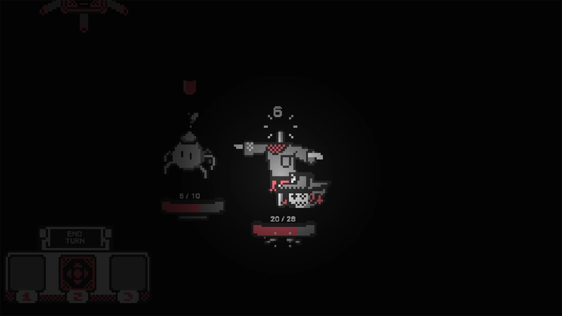 Zaria: Turn-based battle with pixel characters and health bars in a dark, minimalist setting
