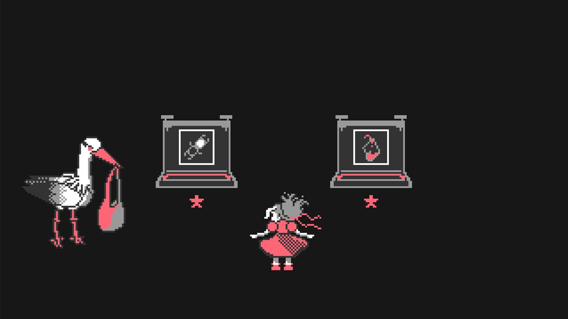 Zaria: Young girl faces a stork and two framed dice images in a dark, minimalist setting.