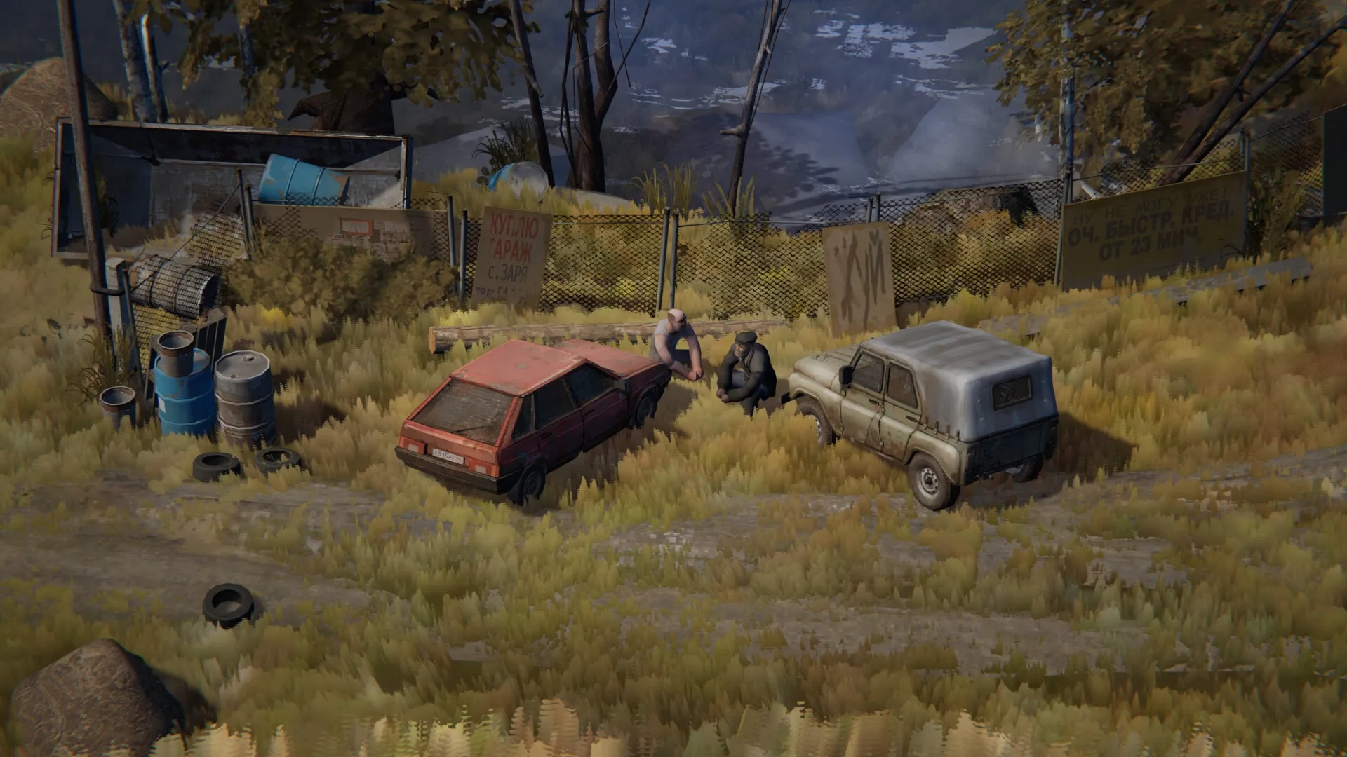 Zarya: Two characters sitting by parked cars on a grassy roadside near fence and barrels