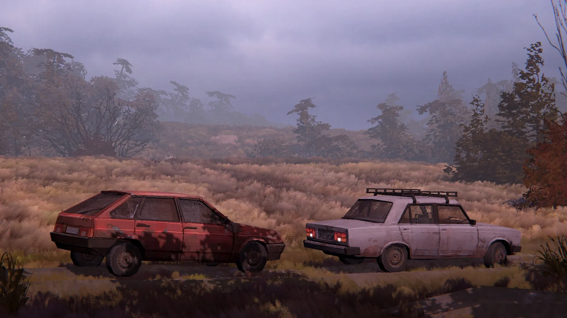 Zarya: Two vintage cars parked on a rural dirt path surrounded by overgrown grass and misty trees
