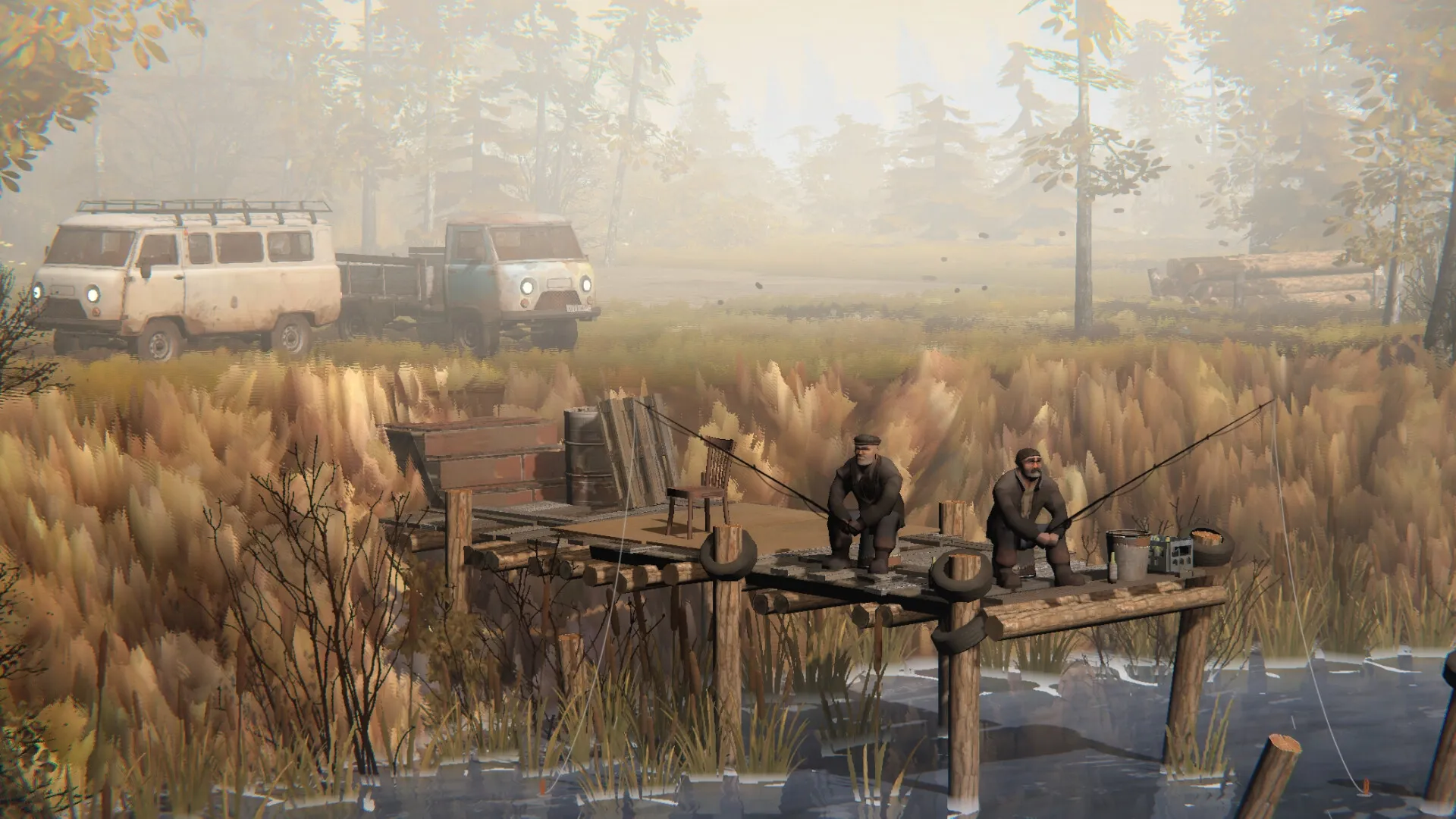 Zarya: Two villagers fishing on a wooden dock by the river, vintage vans parked in the rural background.