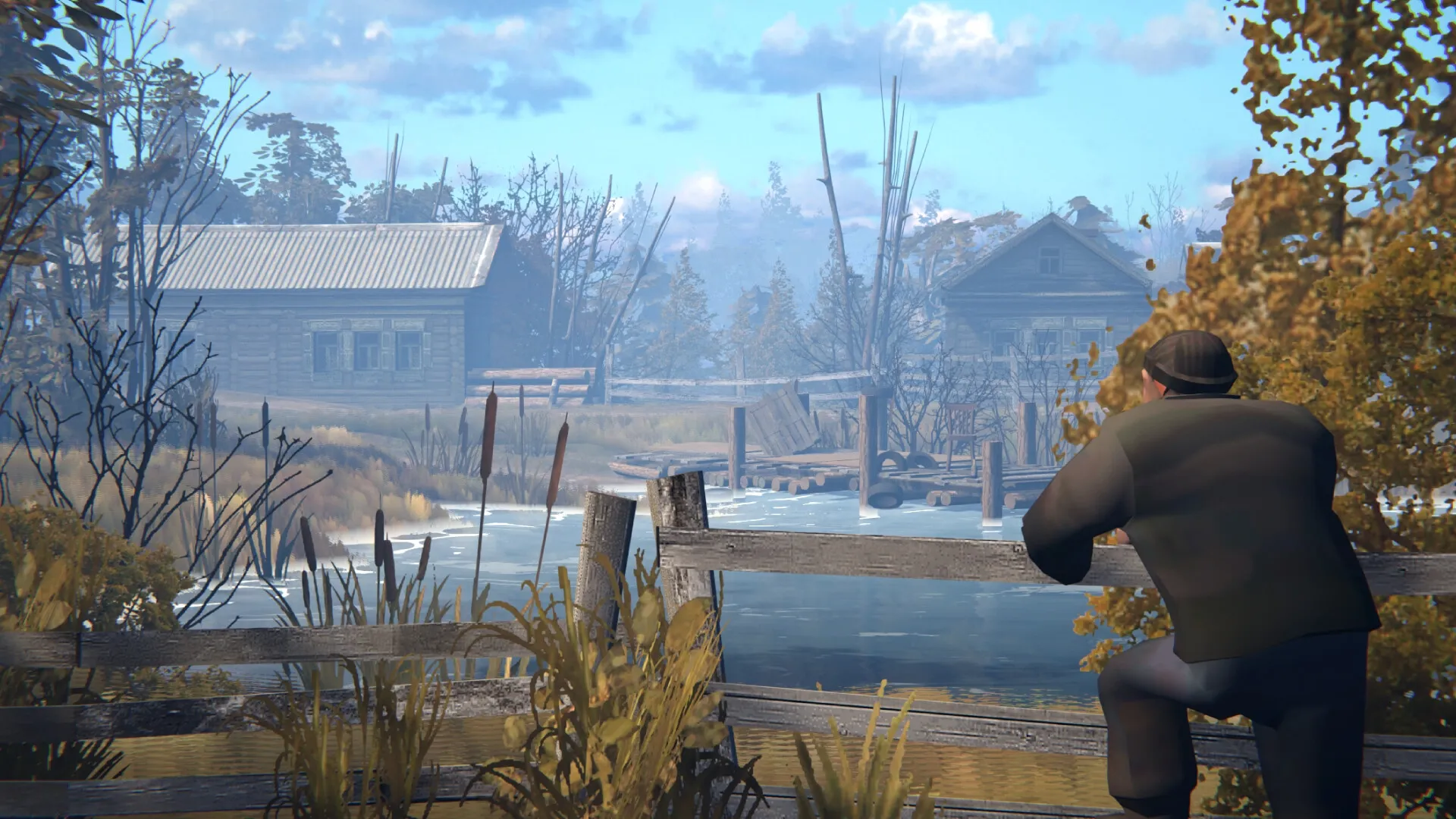 Zarya: A man leans on a wooden fence, overlooking a serene rural village with wooden houses and a pond.
