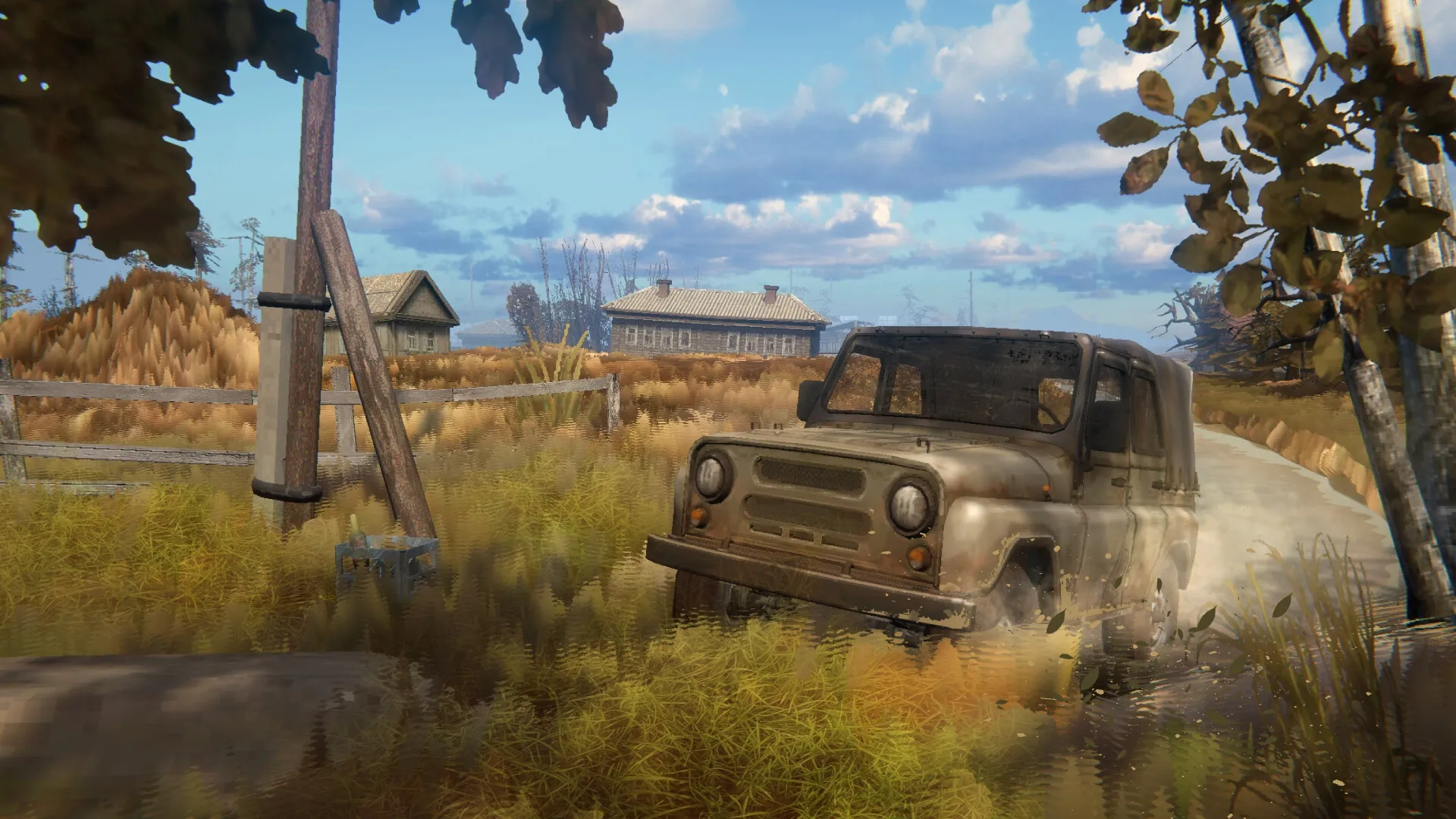 Zarya: Rusty vehicle on a rural dirt road surrounded by fields and wooden houses under a blue sky.